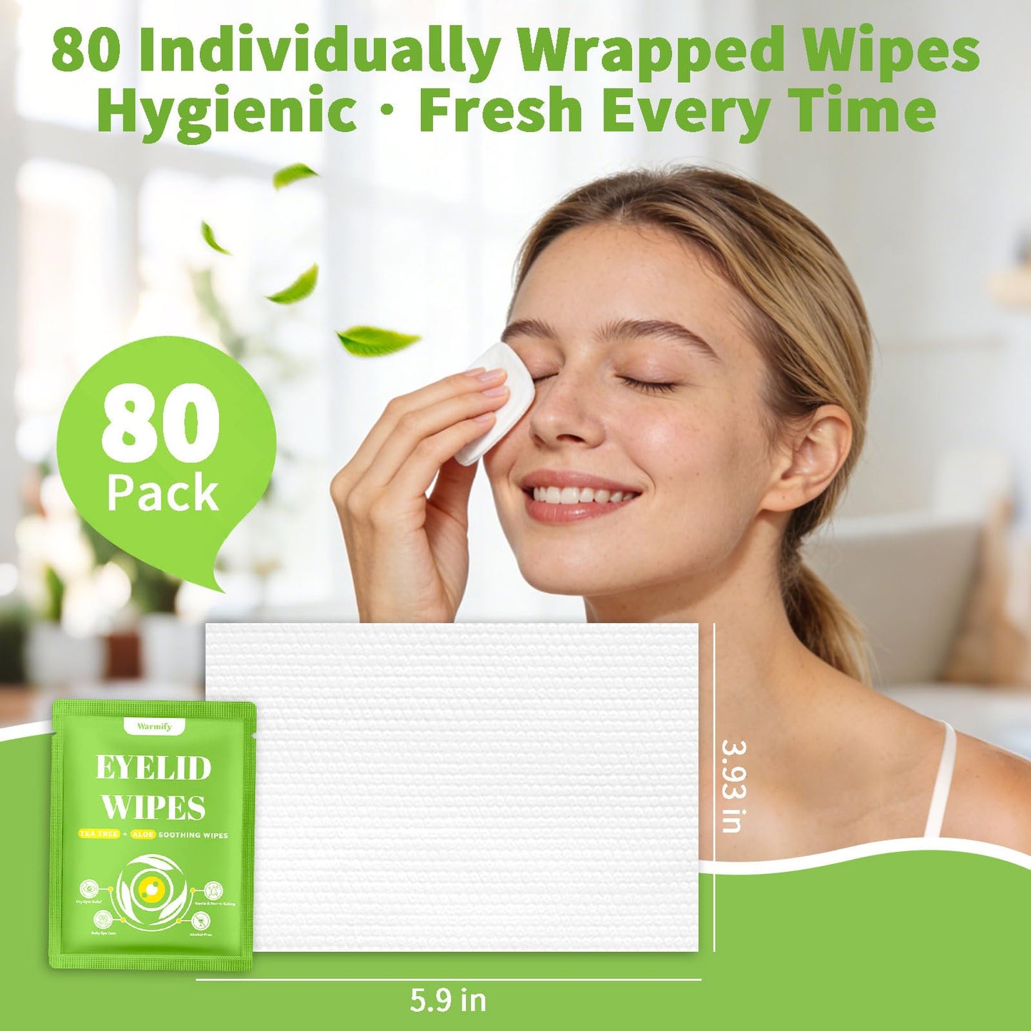 80 Pcs Tea Tree Oil Eyelid Wipes, Individually Wrapped Eye Lid Cleansing Wipes for Sensitive Eyes, Gentle Daily Eyelid Cleanser for Dry Eyes, Lash & Lid Hygiene, Alcohol-Free