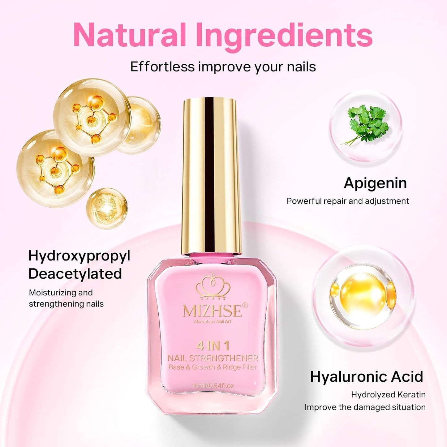 MIZHSE Nail Strengthener & Growth Hardener - Extra Strong Repair for Thin, Damaged Nails | 16ML Pink Ridge Filler