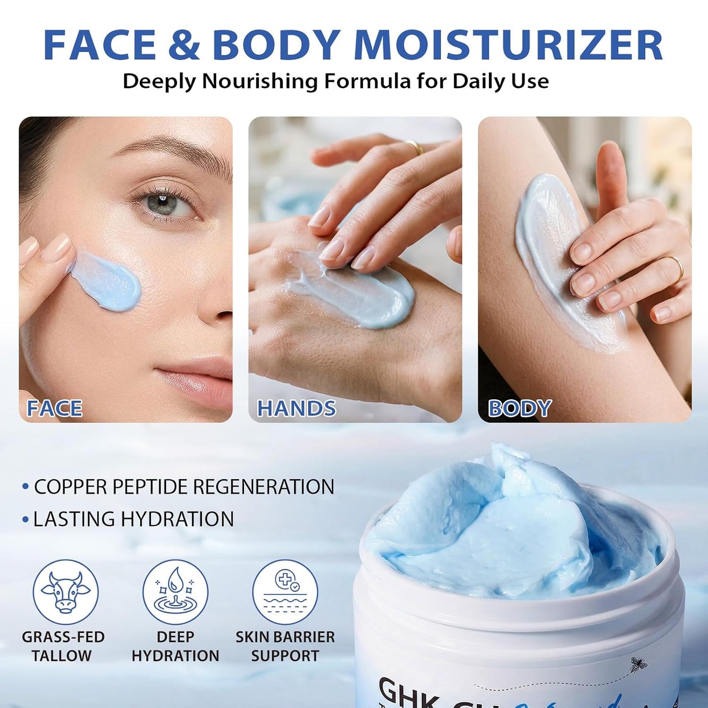 GHK-Cu Copper Peptides Moisturizing Cream - Hydrating Balm with Manuka Honey & Vitamin E | 4.2 OZ/120G, Blue Cream for All Skin Types