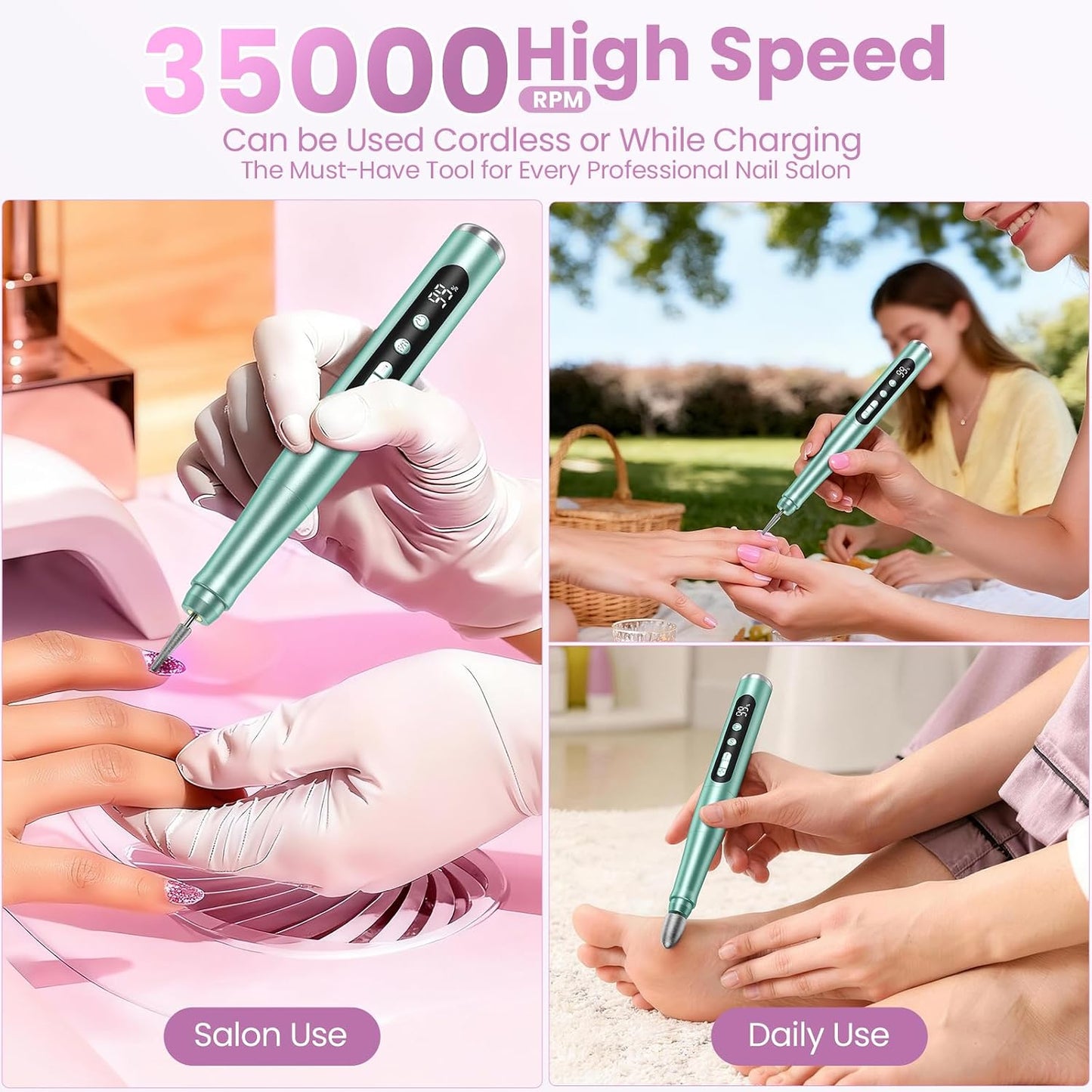 Cordless Nail Drill - 35000RPM Electric Nail File for Acrylic Gel Nails | Rechargeable Manicure Pedicure Kit with LCD Display - Green