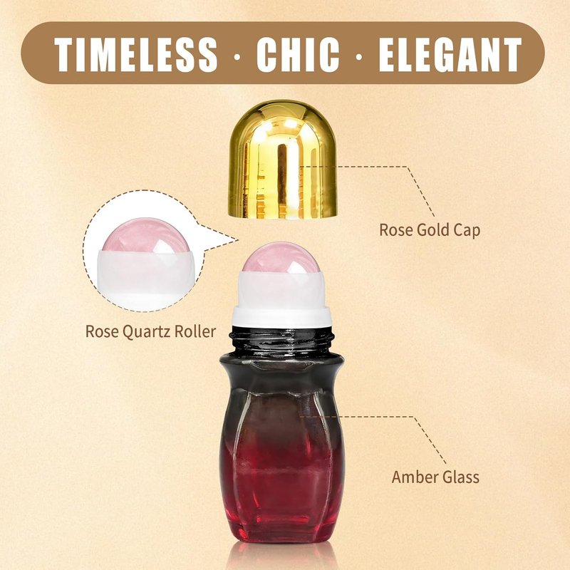 Rose Quartz Roller Bottles - 50ml Refillable Amber Glass for Essential Oils | Leak-Proof Travel Perfume with Gold Caps