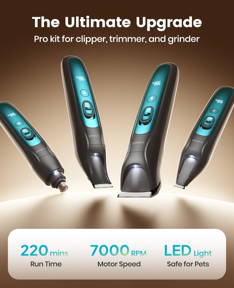 oneisall Professional Dog Grooming Kit at Home: All-in-One Quiet Clippers & Nail Grinder with LED Light, 2000mAh Cordless Dog Shaver, Safe Poodle Grooming Kit for Paws, Face, Ears & Body