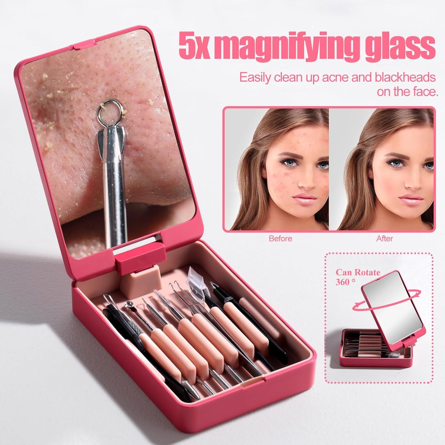 Blackhead Remover Tool Kit - 8-Piece Comedones Extractor & Eyebrow Trimmer with 5X Magnifying Mirror | Silver