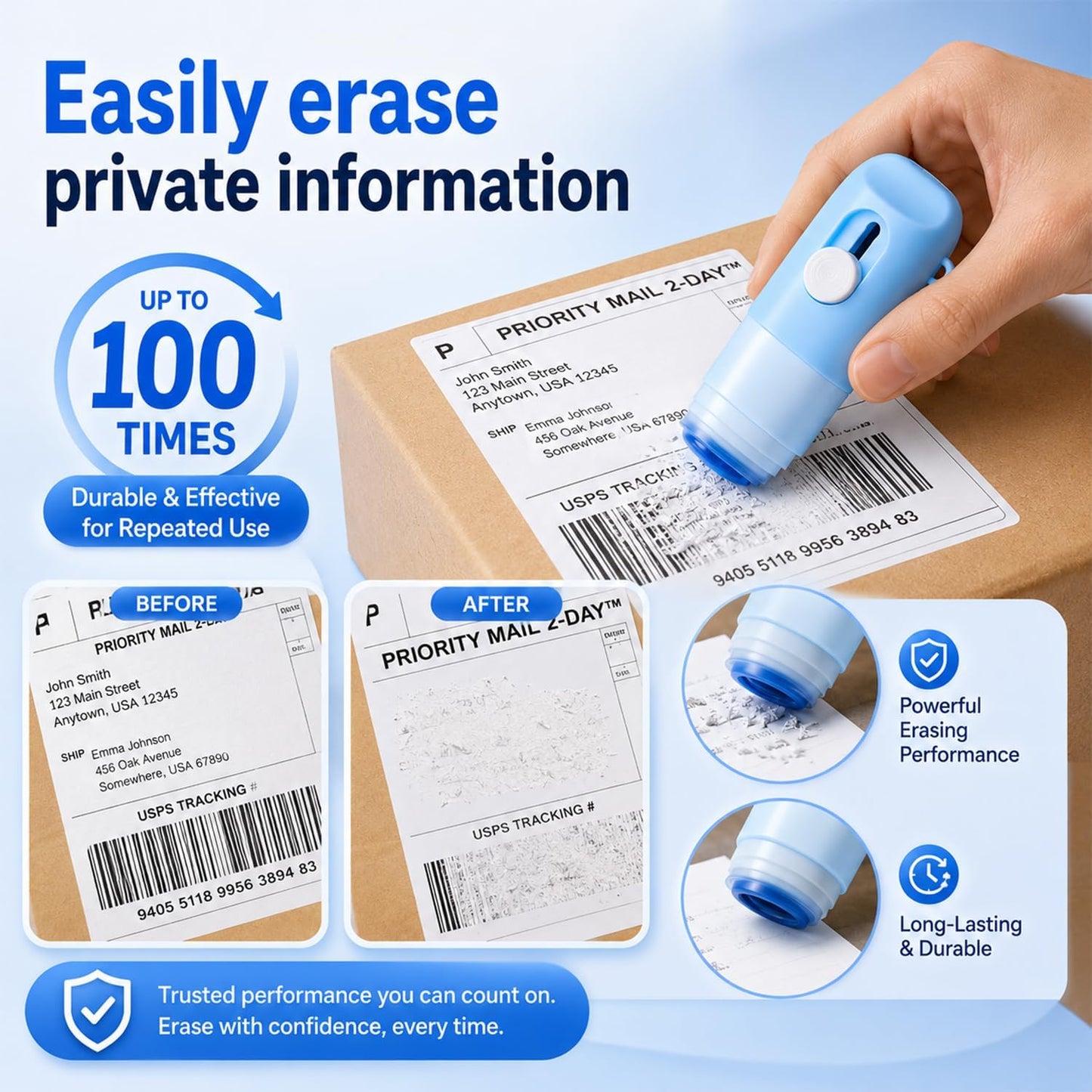 Thermal Paper Eraser Pen Set - 2-in-1 Privacy Label & Unboxing Knife | Liquid Redacting Marker (Blue)
