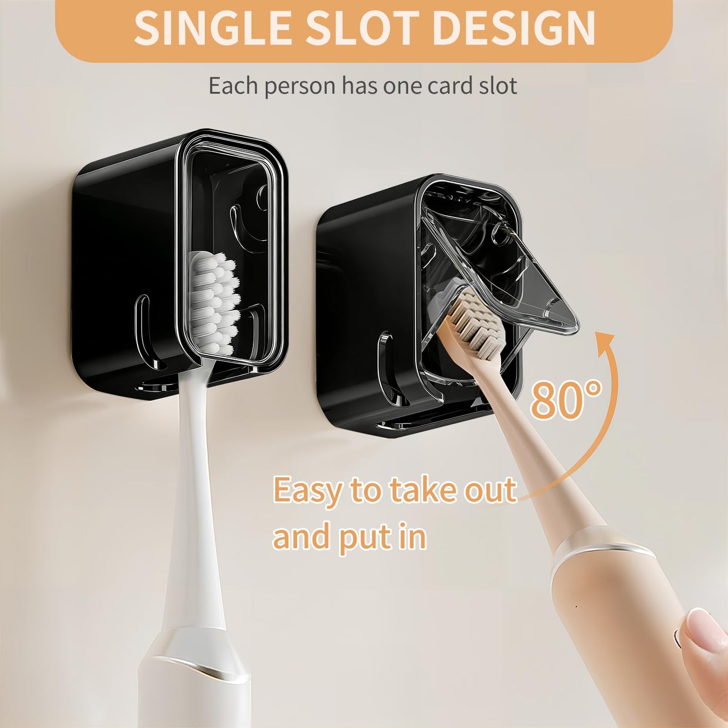 Wall Mounted Toothbrush Holders for Bathroom,Strong Self Adhesive Tooth Brush Holder with Cover, Toothbrush Heads Organizer for Family, 2 Pcs