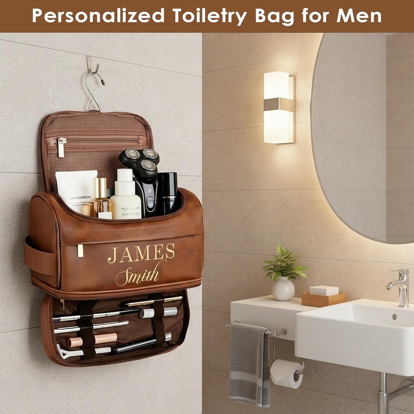 Personalized Toiletry Bag - Custom Engraved Leather Travel Kit | Waterproof Shaving Bag for Men, Great Gift for Dad, Husband, Groomsmen