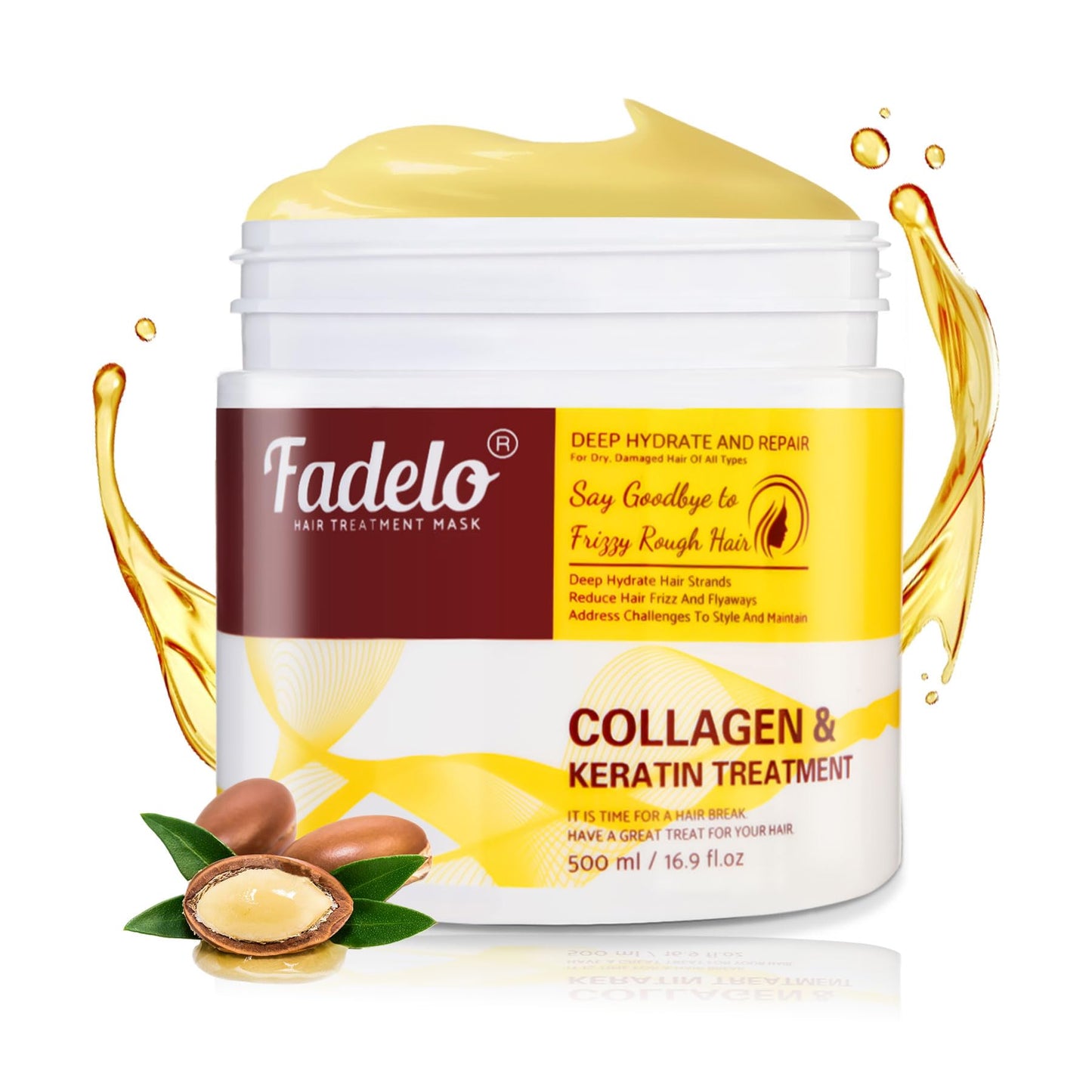 Fadelo Keratin Hair Treatment, Deep Conditioning Hair Mask for Damaged Hair with Collagen & Keratin, Professional Hair Care Solution, 500ml (16.9 Fl Oz)