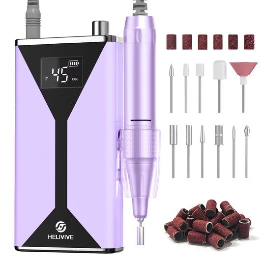 HELIVIVE Professional Electric Nail Drill 45000RPM (Portable & Rechargeable) (with 11 Drill Bits ) Cordless Nail File Machine for Shaping, Polishing & Removing Gel Nails for Salon Home(Purple)