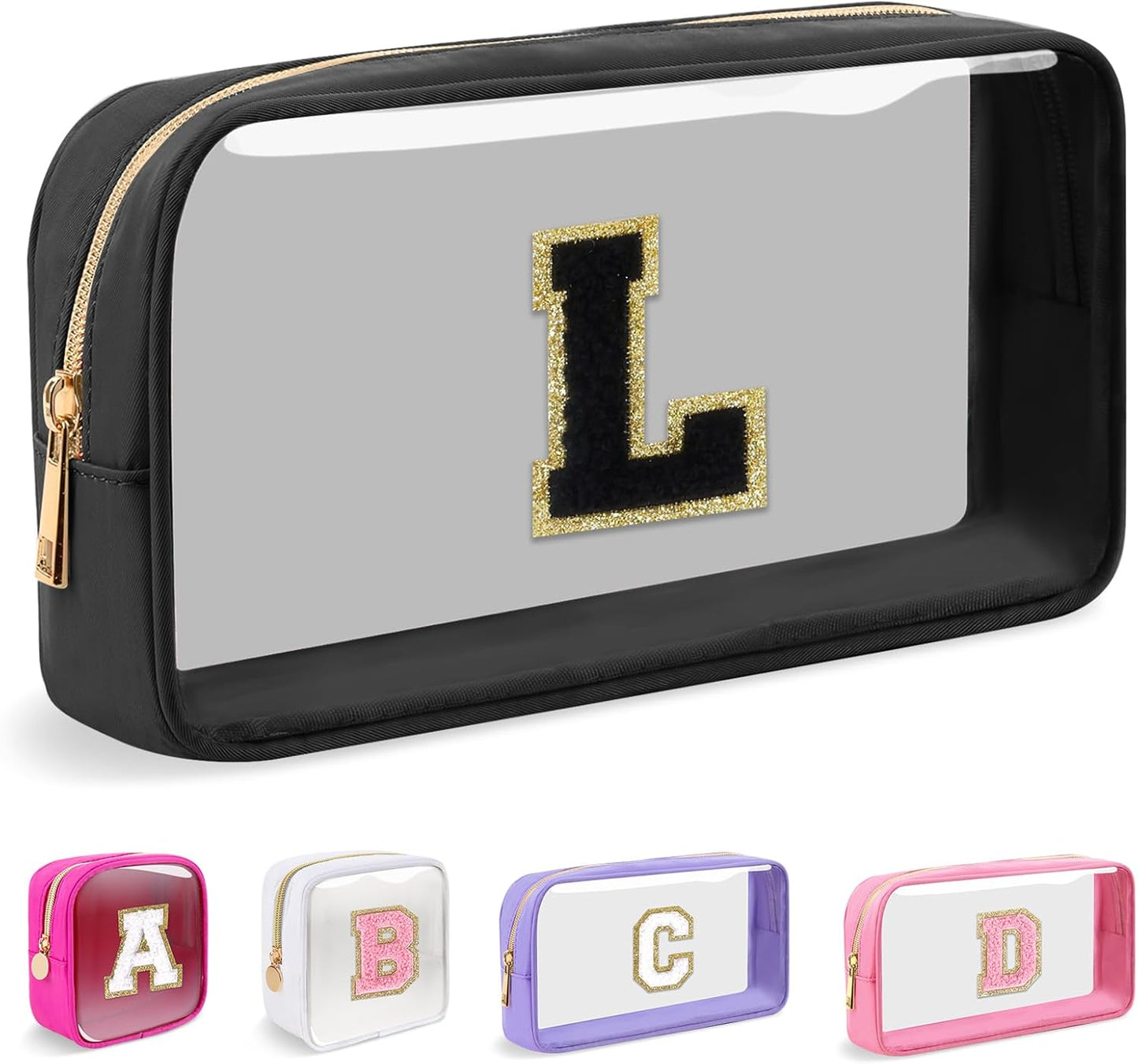 Personalized Initial Makeup Bag - Waterproof Nylon Cosmetic Pouch | A-Z Chenille Letter Patch, White-Pink G