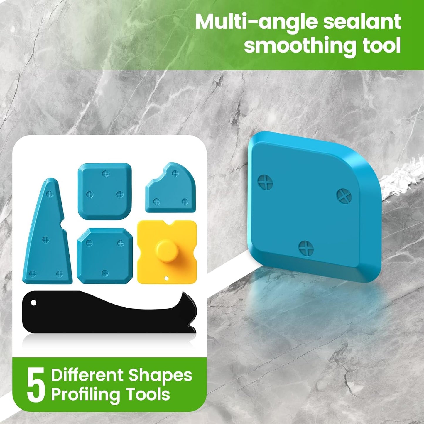 Goopreen 5-in-1 Caulking Tool - Silicone Sealant & Grout Remover with Stainless Steel Head | 6 Replaceable Pads for Kitchen & Bathroom