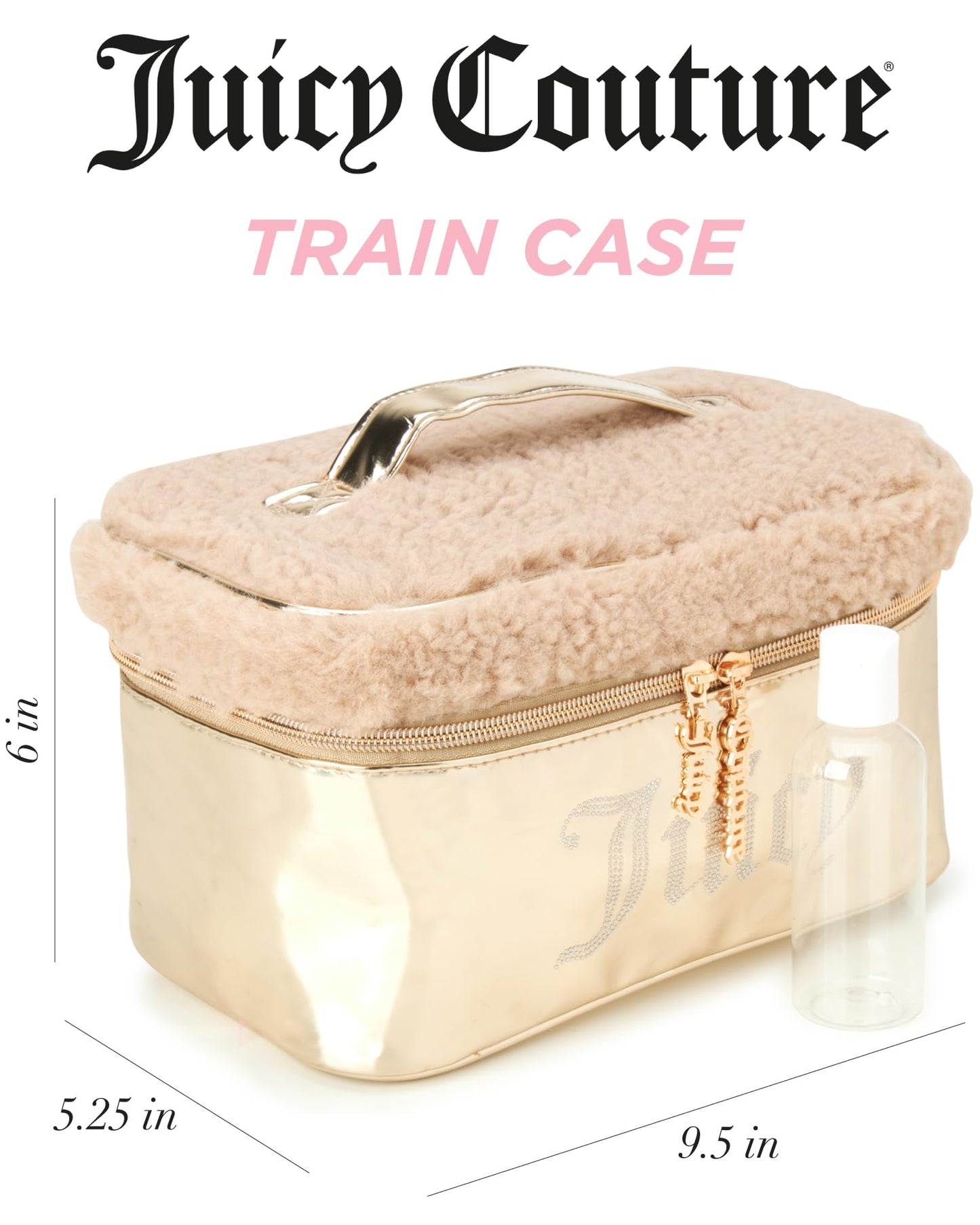 Juicy Couture Pink Makeup Bag Cosmetics Organizer Travel Essentials Train Case Shiny Rhinestones Faux Shearling