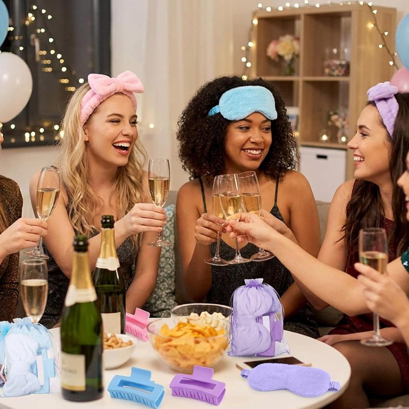 Spa Party Supplies - 48 Pcs Sleepover Essentials with Plush Eye Mask & Headband | Pink, Blue, Purple