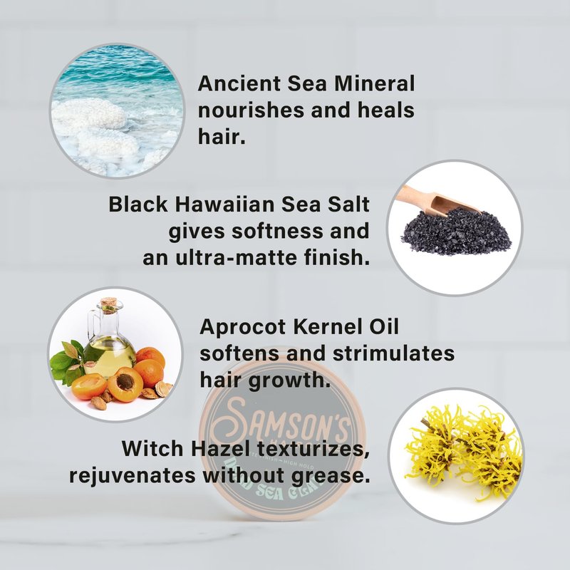 SAMSON'S HAIRCARE Dead Sea Hair Styling Clay, Nourishing and Revitalizing Hair, With Black Hawaiian Sea Salt, High Hold, Ultra-Matte Finish, 4 oz.