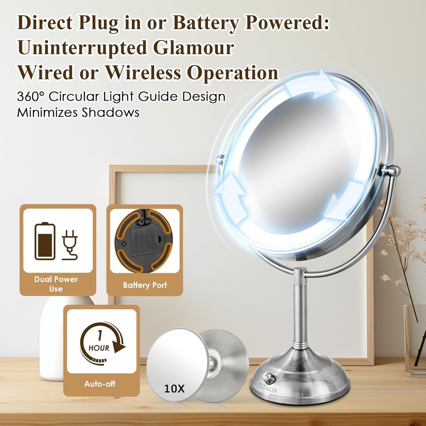 Lighted Makeup Mirror - 11-Inch Double-Sided 1X/5X Magnification | Adjustable Brightness & 360° Rotation