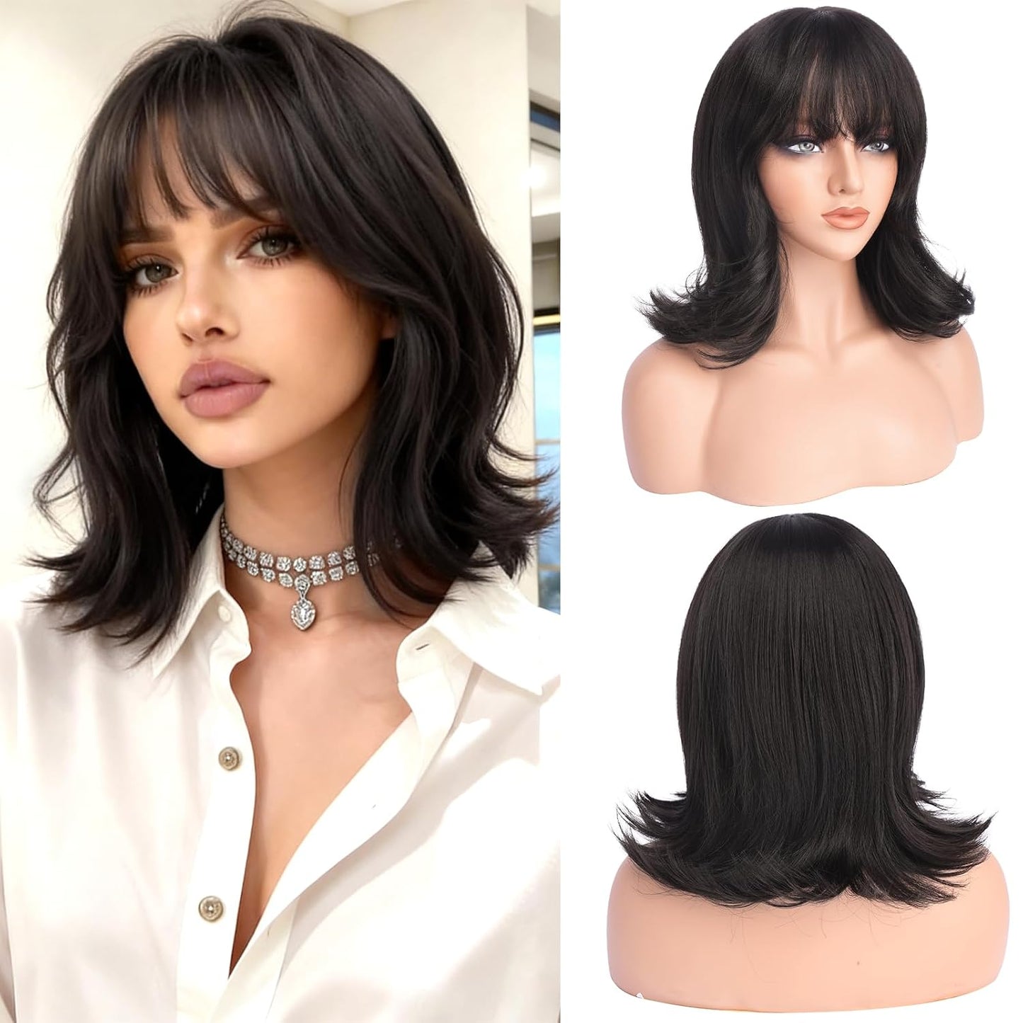 Brown Short Bob Wig with Bangs - Wavy Layered Shoulder Length | 14 Inch Synthetic Hair for Women