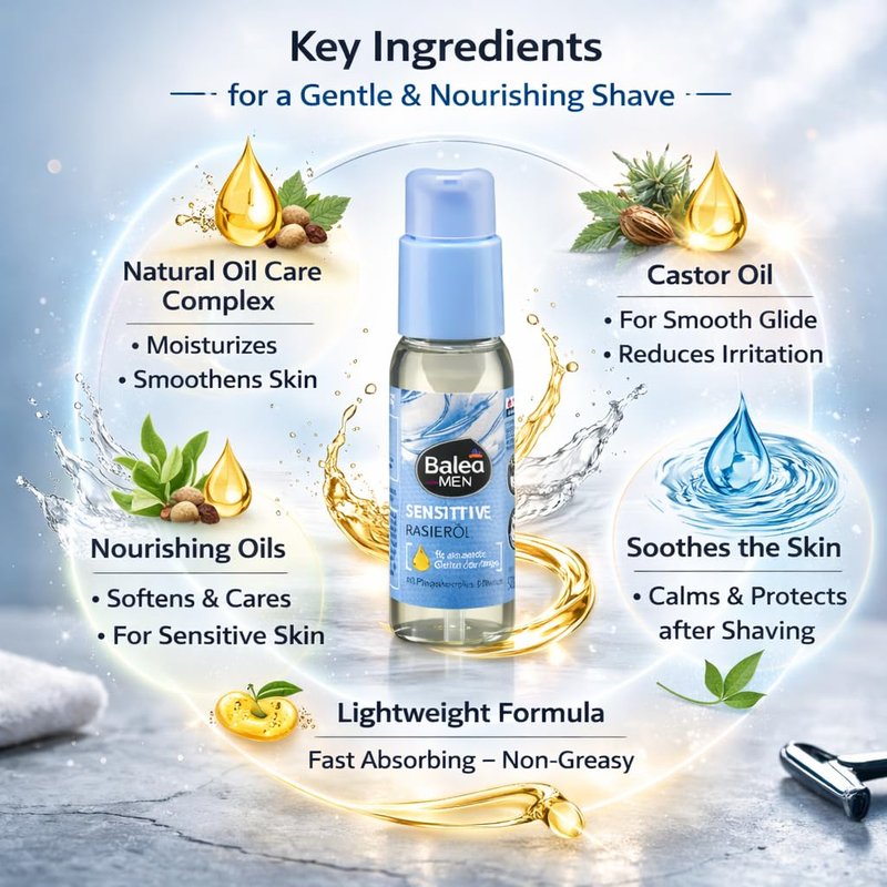 Balea MEN Sensitive Shaving Oil for Men Beard & Contour Natural Oil Complex with Castor Oil Soothes & Protects Sensitive Skin Smooth Glide Formula 50 ml