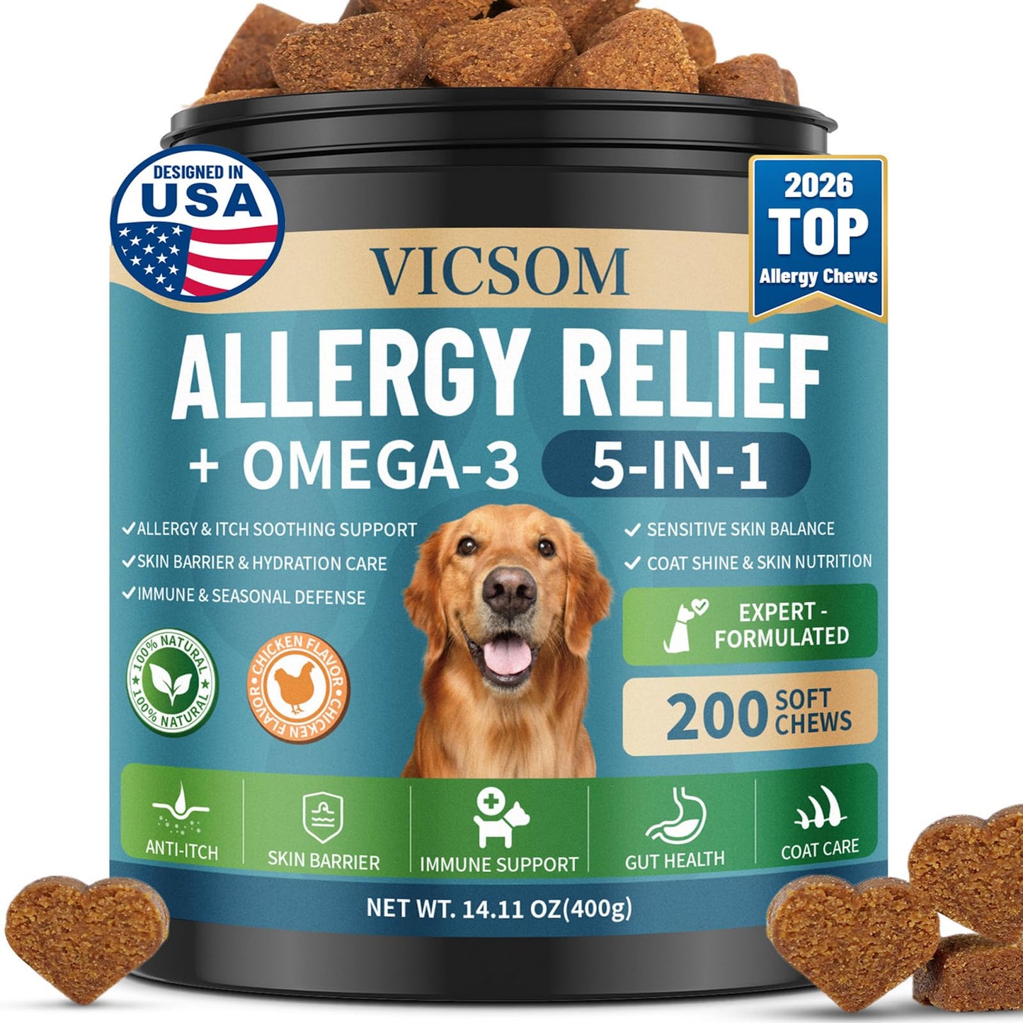 Dog Allergy Chews Omega 3 is Human, Dog Allergy Relief Itch Relief, 200 Chews Anti-Itch for Dogs Itchy Skin, Ear & Paw Licking, Allergy Relief Chews with Probiotics Fish Oil for Gut, Immune & Coat