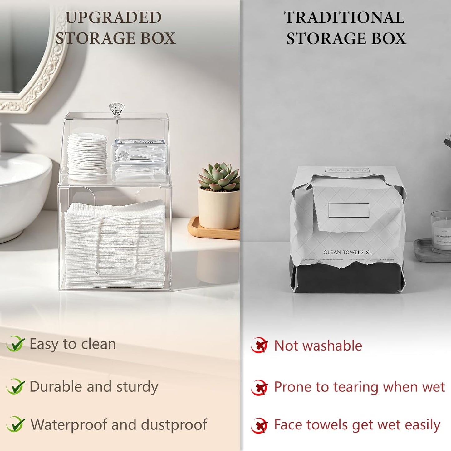 Disposable Facial Towels Storage - Double Layer Acrylic Box for Cotton Pads | Clear Bathroom Organizer