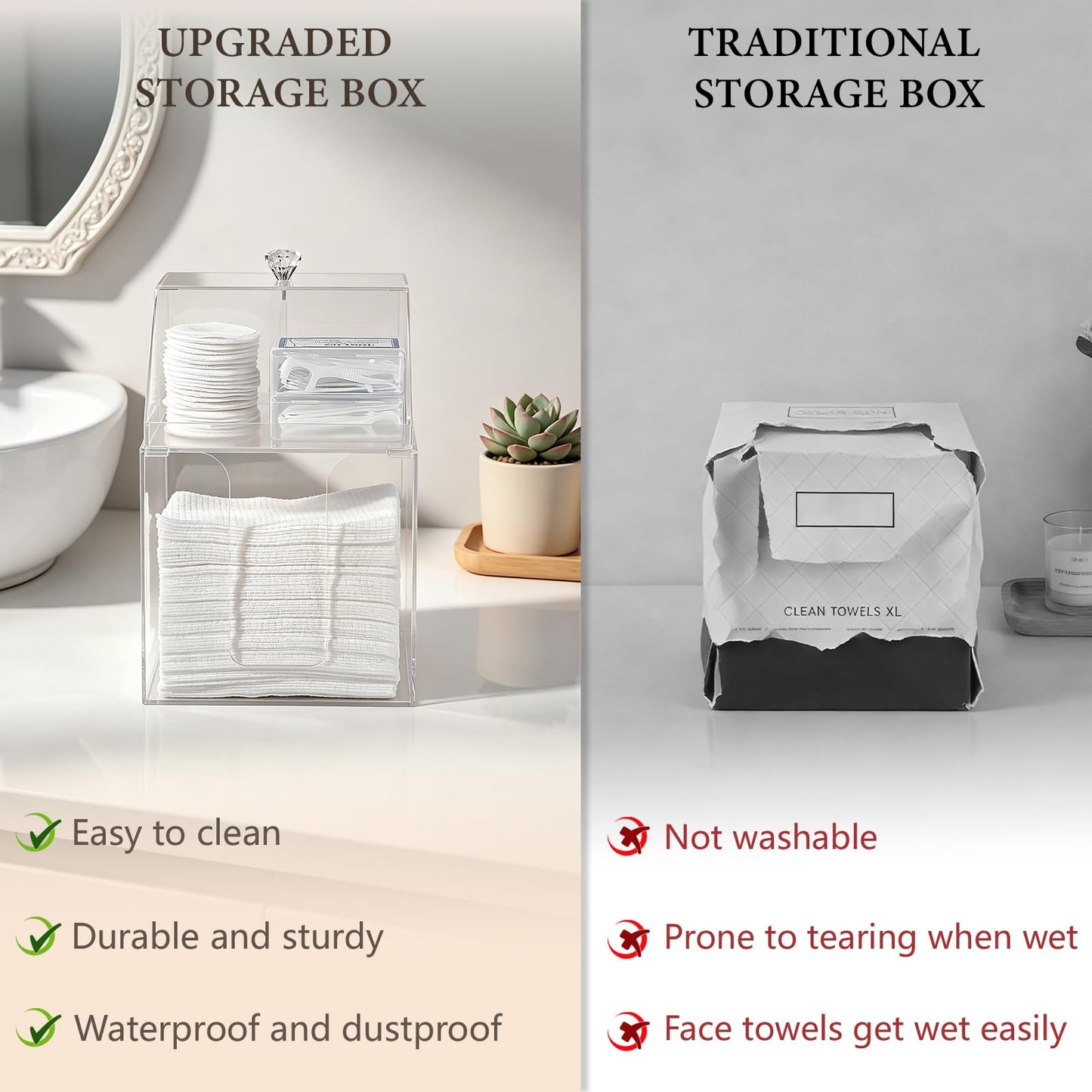 Anyoifax Disposable Facial Towels Storage Compatible with Clean Skin Club Clean Towel XL Double Layer Acrylic Box Cotton Pads Container Qtip Bin Face Towelettes Holder for Bathroom Counter, Clear