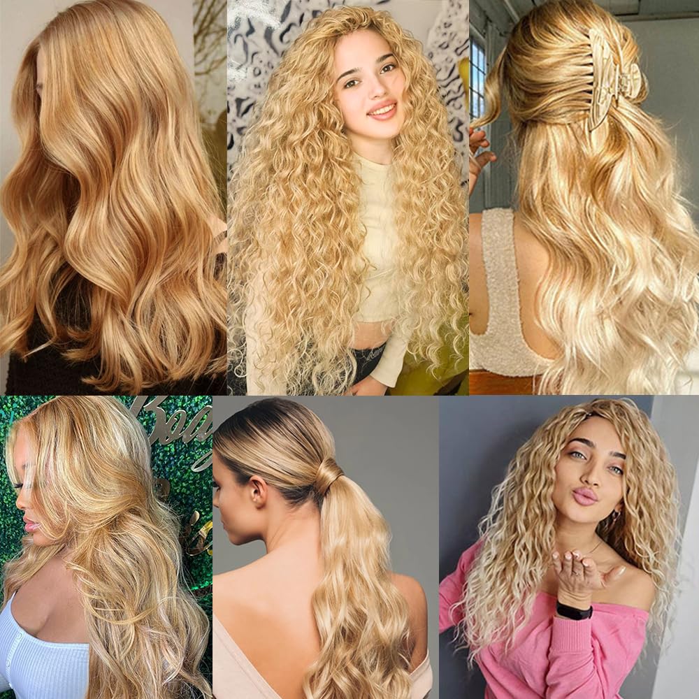 P27/613 Blonde Bundles Human Hair Deep Wave Bundles 30 30 30 Inch Highlight Honey Blonde Deep Wave Bundle Unprocessed Brazilian Virgin Weave Hair 3 Bundle 50 Gram Per Bundle