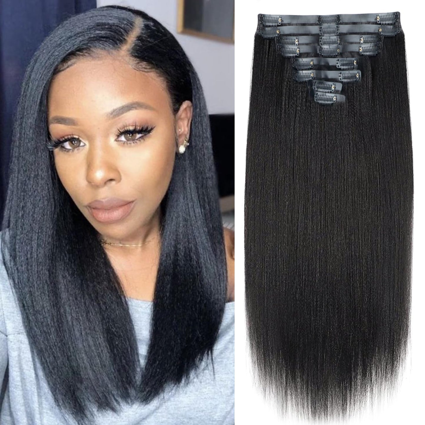 Mihugass Seamless PU Yaki Straight Clip in Hair Extensions Real Human Hair For Women affordable Invisible Yaki Straight Clip ins (12inch,#1B)