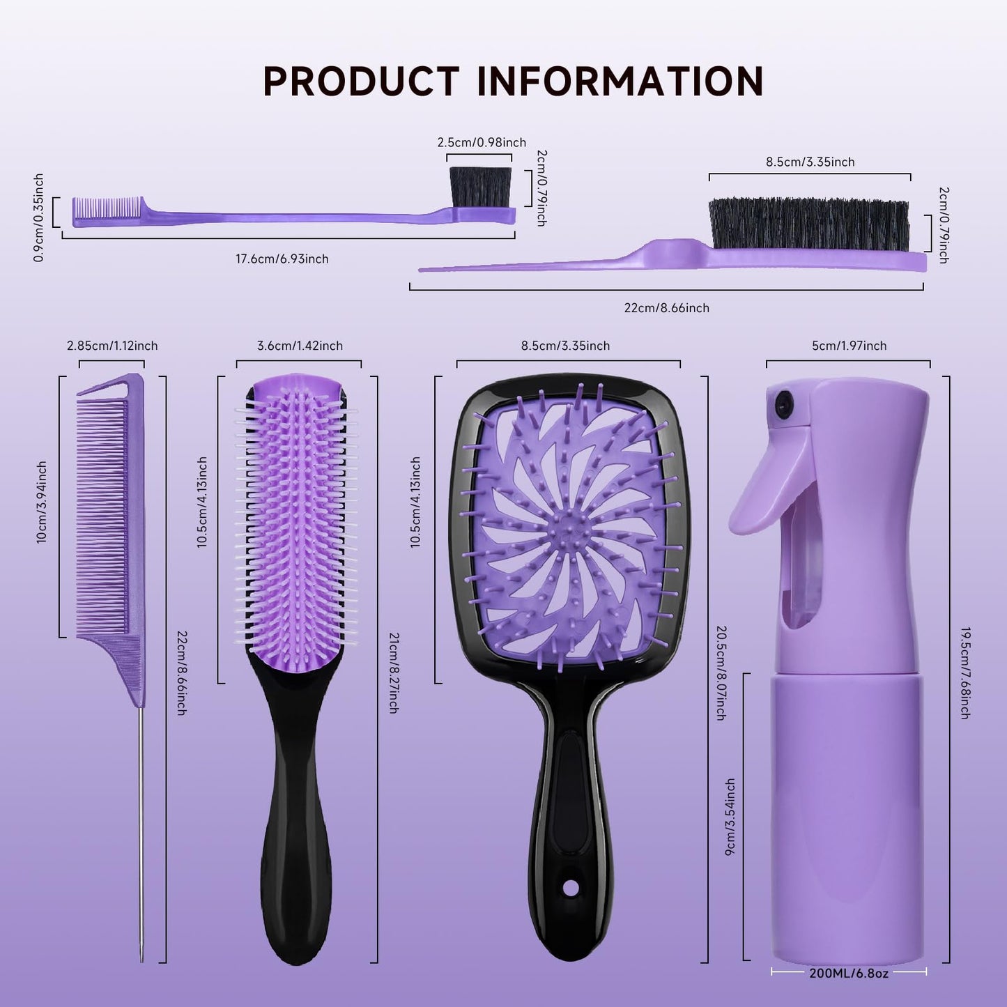 11 Pcs Hairbrush Set, Detangle Hair Brush And Spray Bottle, 3 Pieces Smooth Hairbrush For Toddlers, Suitable For Wet and Dry Hairstyles, Suitable For Adults And Children. (Purple)