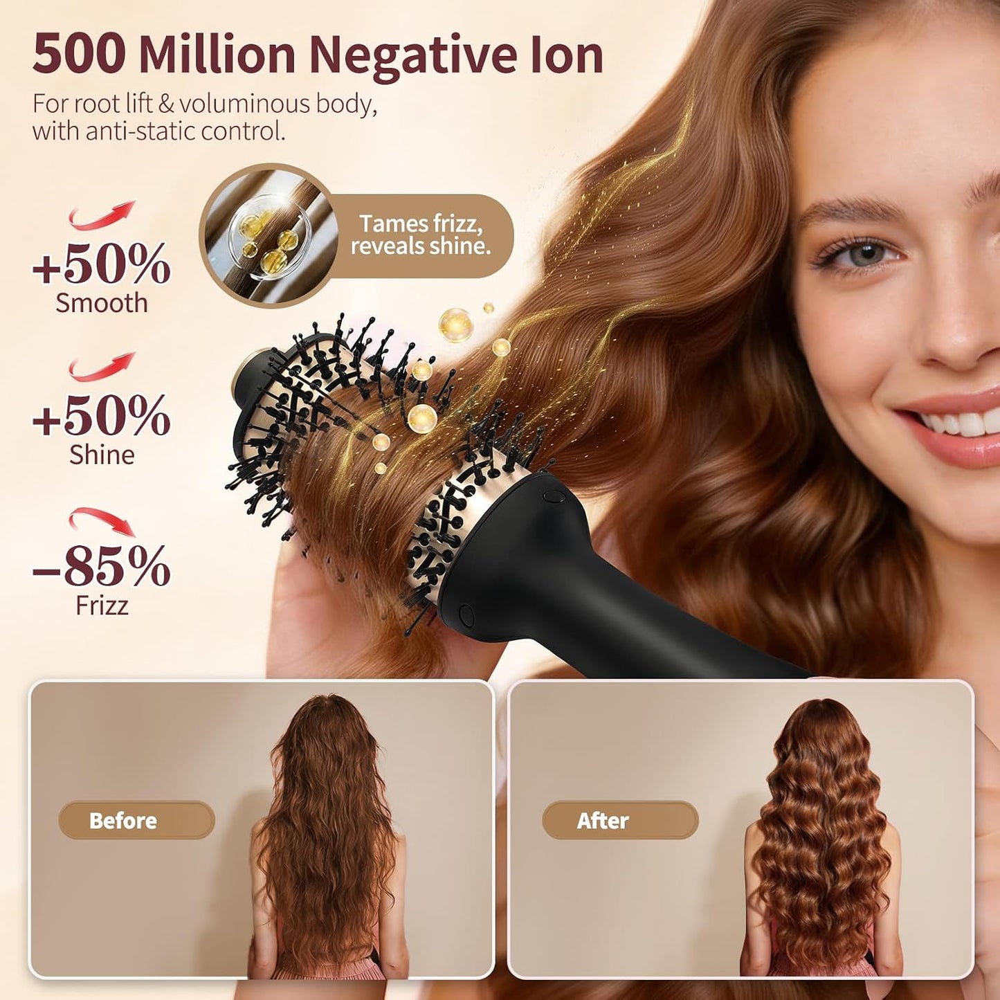 HIPPIH Infrared Blow Dryer Brush - 4-in-1 Anti-Frizz Styling Tool for Smooth Volume | Oval Barrel Design
