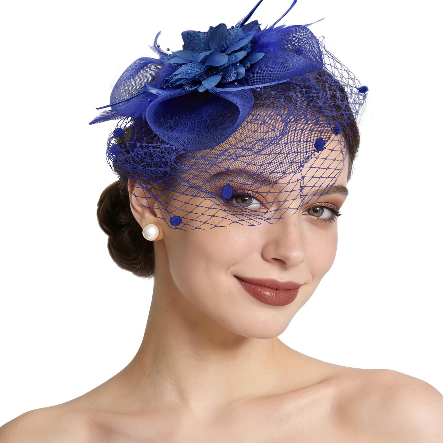 Semato Fascinators Hats for Women Mesh Feathers Elegant Royal Blue Tea Party Kentucky Hat Derby Headband with Hair Clip