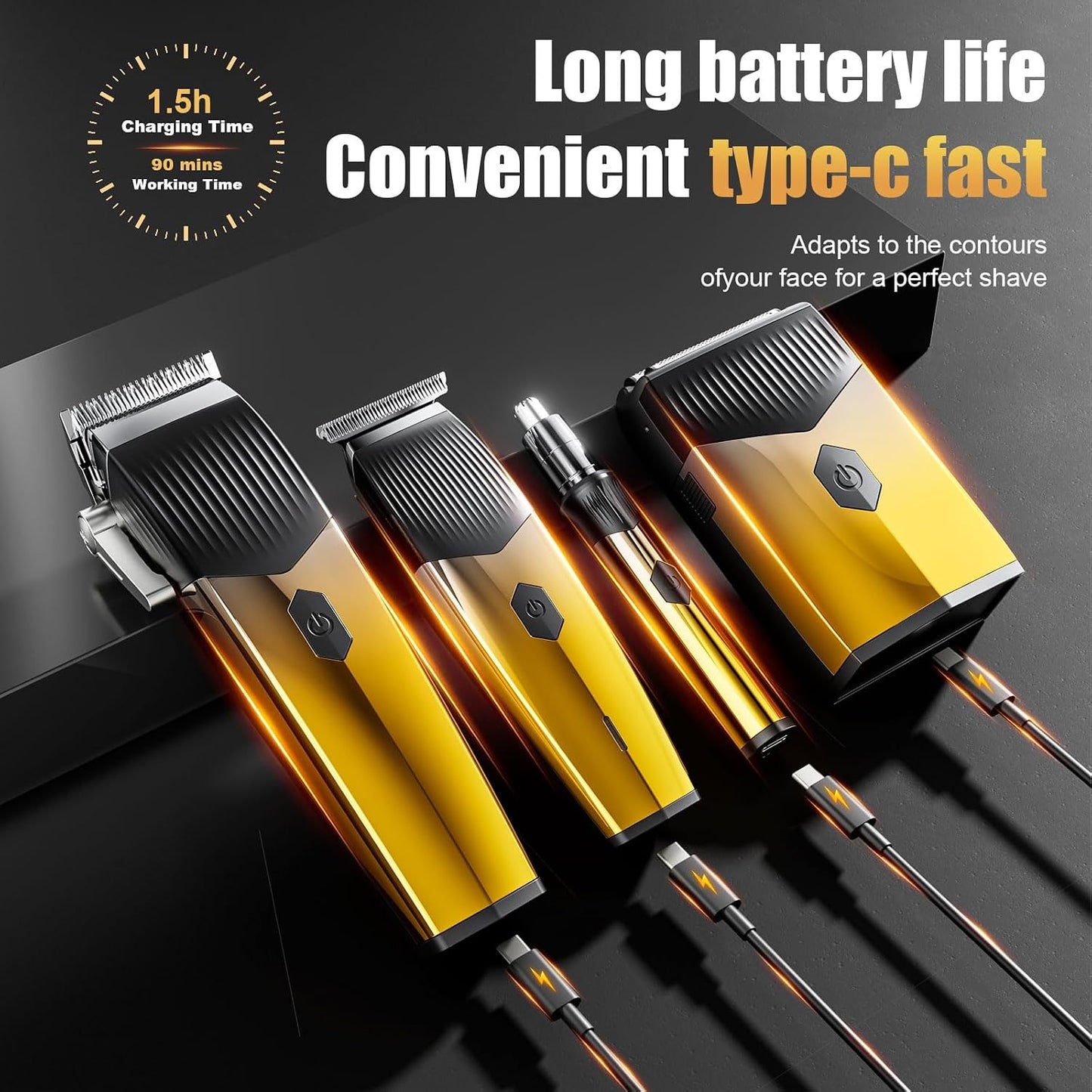 Professional Hair Clippers - 4 in 1 Men's Grooming Kit | Rechargeable Beard Trimmer & Shaver with Metal T-Blade, LED Display, Gold Finish