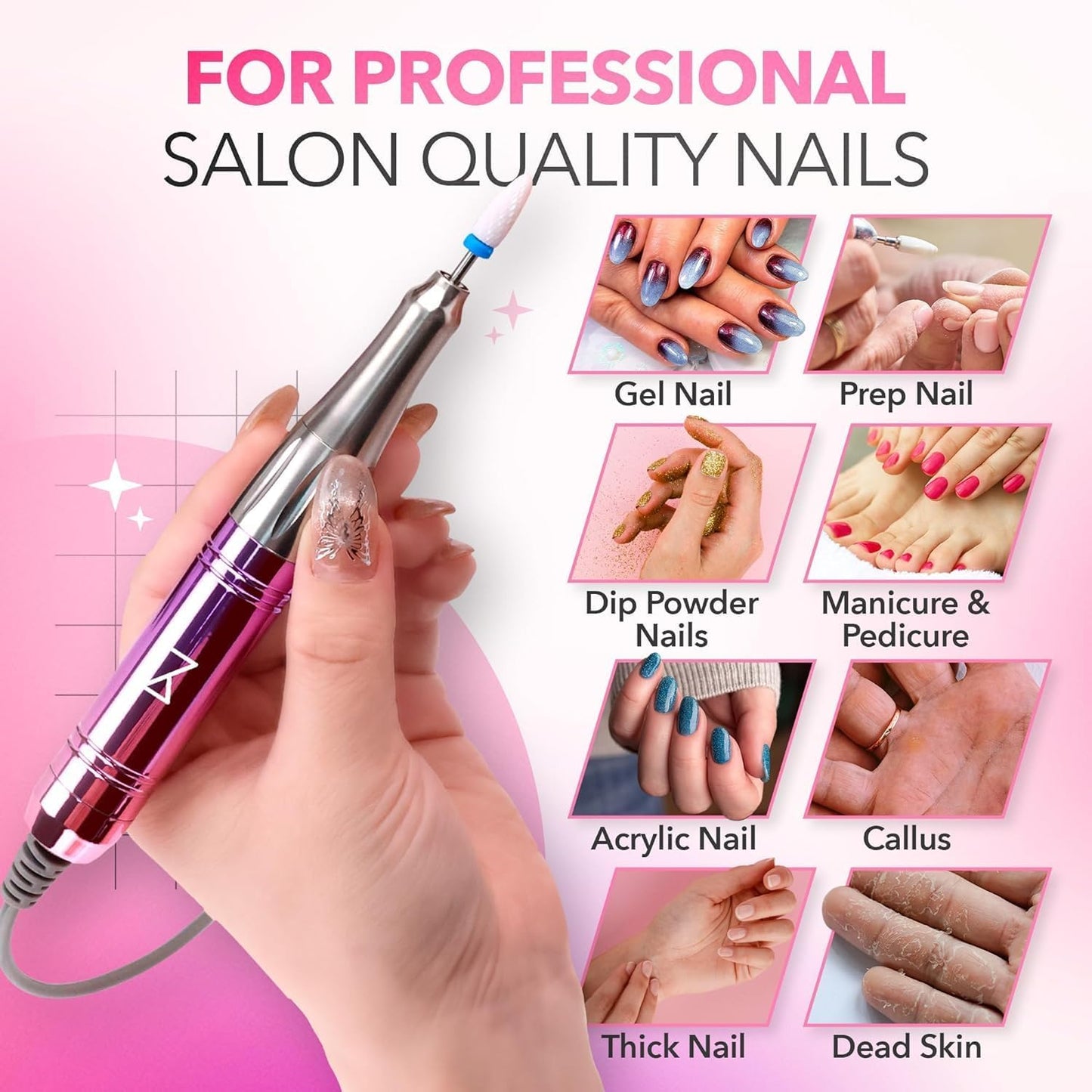 Professional Nail Drill Machine - Cordless 2-in-1 Electric Nail File - 35000 RPM, HD Display | Rose Gold