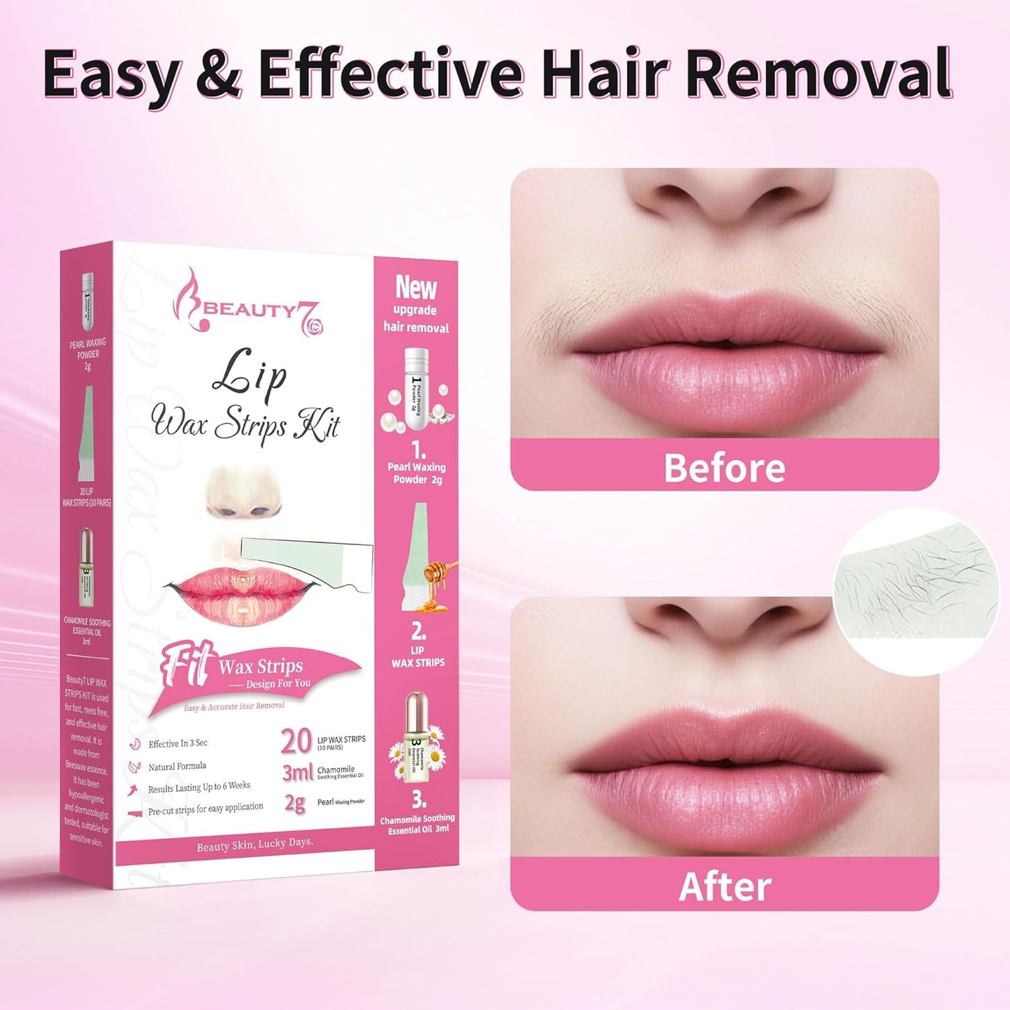 Beauty7 Lip Wax Strips - Facial Hair Removal for All Skin Types | 20 Pcs with Pearl Powder Oil