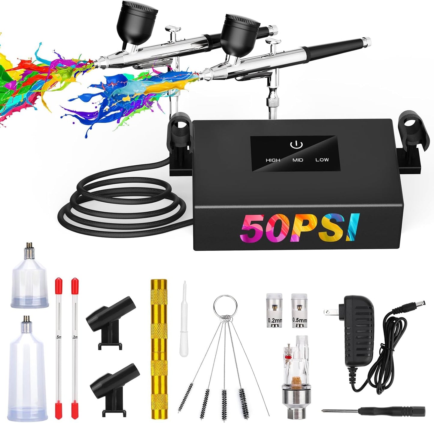 Airbrush Kit - Dual Action Airbrush Gun with 3 Nozzles & Compressor | Ideal for Painting, Nails, Makeup & Cake Decorating