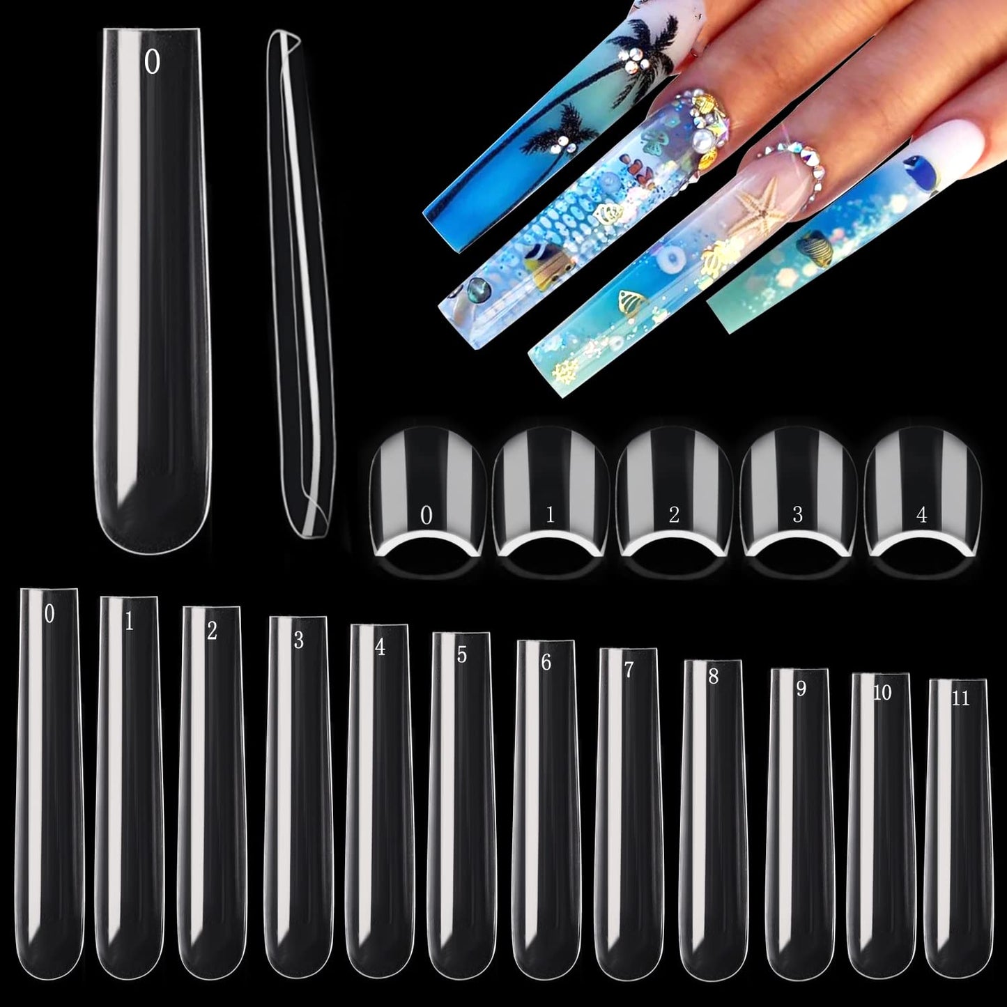 Stiletto Nail Tips - 600PCS XXXL Extra Long Full Cover for Acrylic Nails | 12 Sizes Clear Flattened Fake Nails