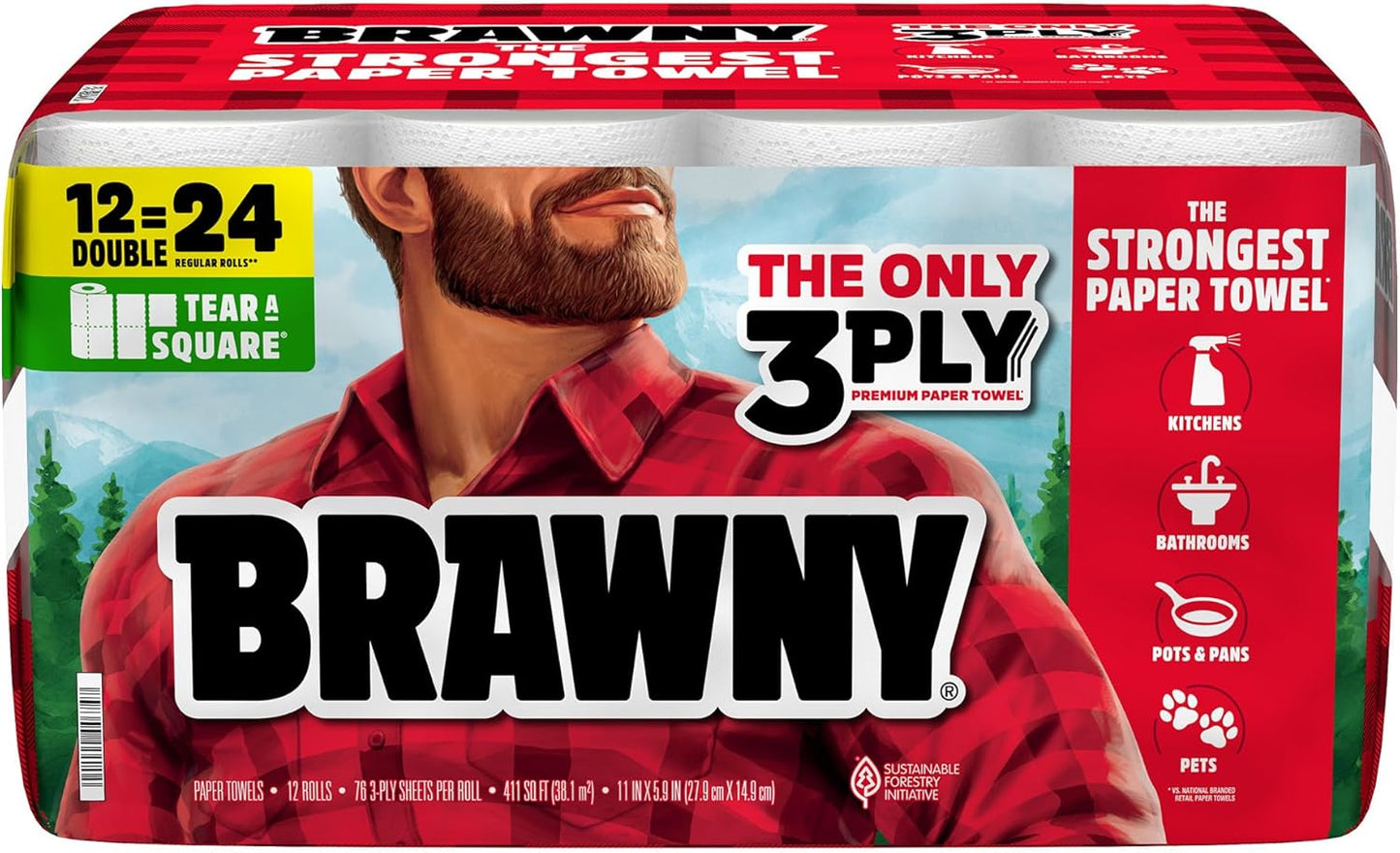 Brawny Paper Towels - 3-Ply Tear-A-Square, Strong & Absorbent | 12 XL Family Rolls (30 Regular Rolls)