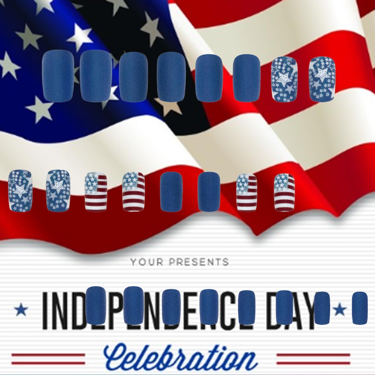 4th of July Press on Nails American Flag Fake Nails Independence Day Acrylic False Nail 24 Pcs Matte White Stars Glue on Artificial Fingernails HZJXRT Medium Square Stick on Nail for Women Gift