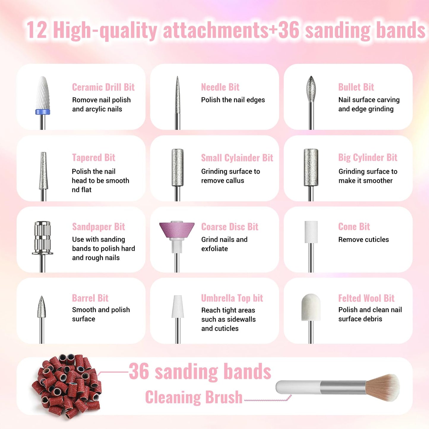 Electric Nail Drill - Cordless 35000RPM Portable Nail File with LCD Display | 12 Bits for Acrylic & Gel Nails, Pink Manicure Kit