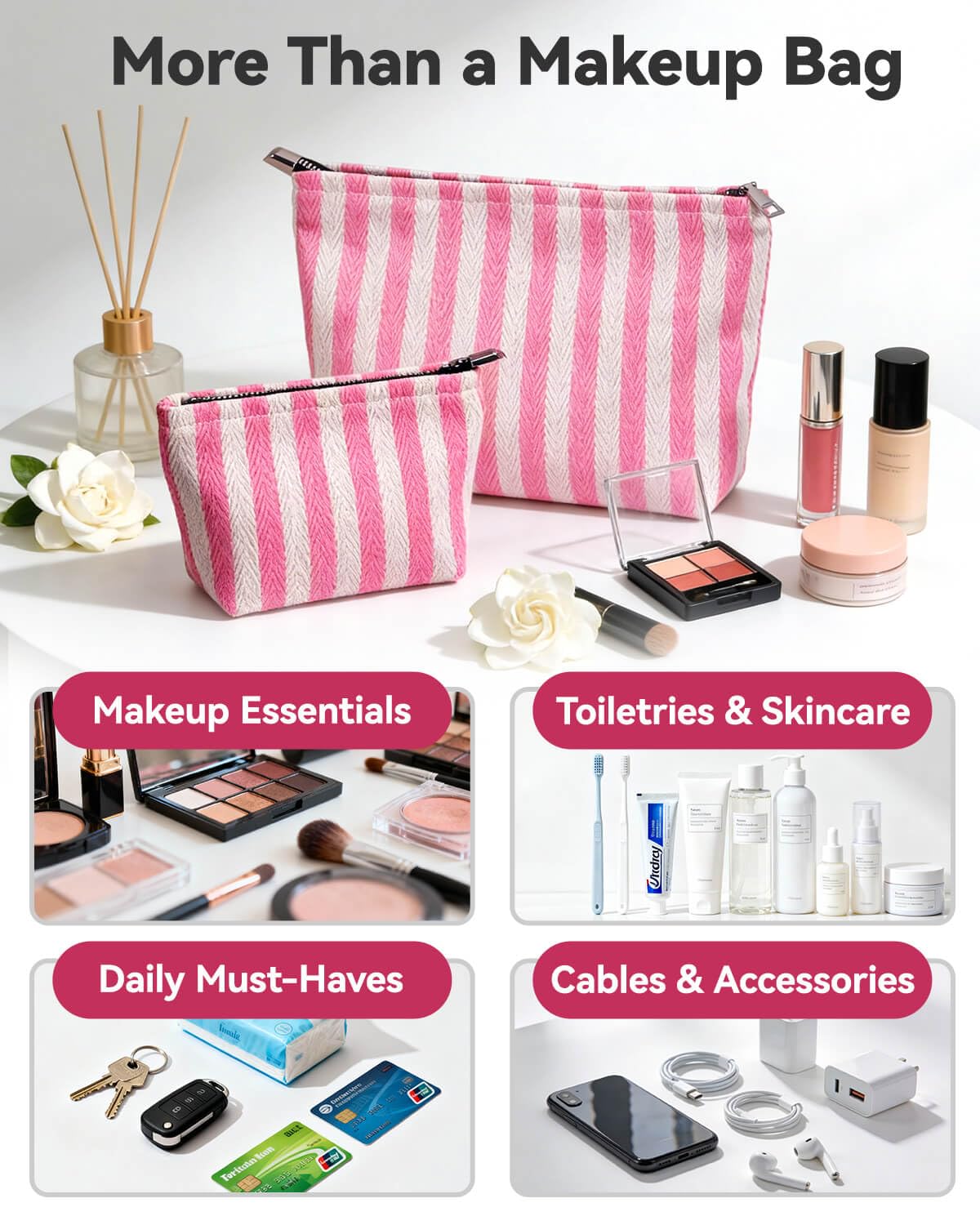 2 Pcs Makeup Bag Set, Women Gifts, Travel Cosmetic Bags, Canvas Make up Bag for Purse, Pink Striped Makeup Pouch with Zipper Lining, Cosmetic Storage Car Organizer, Portable Large & Small Toiletry