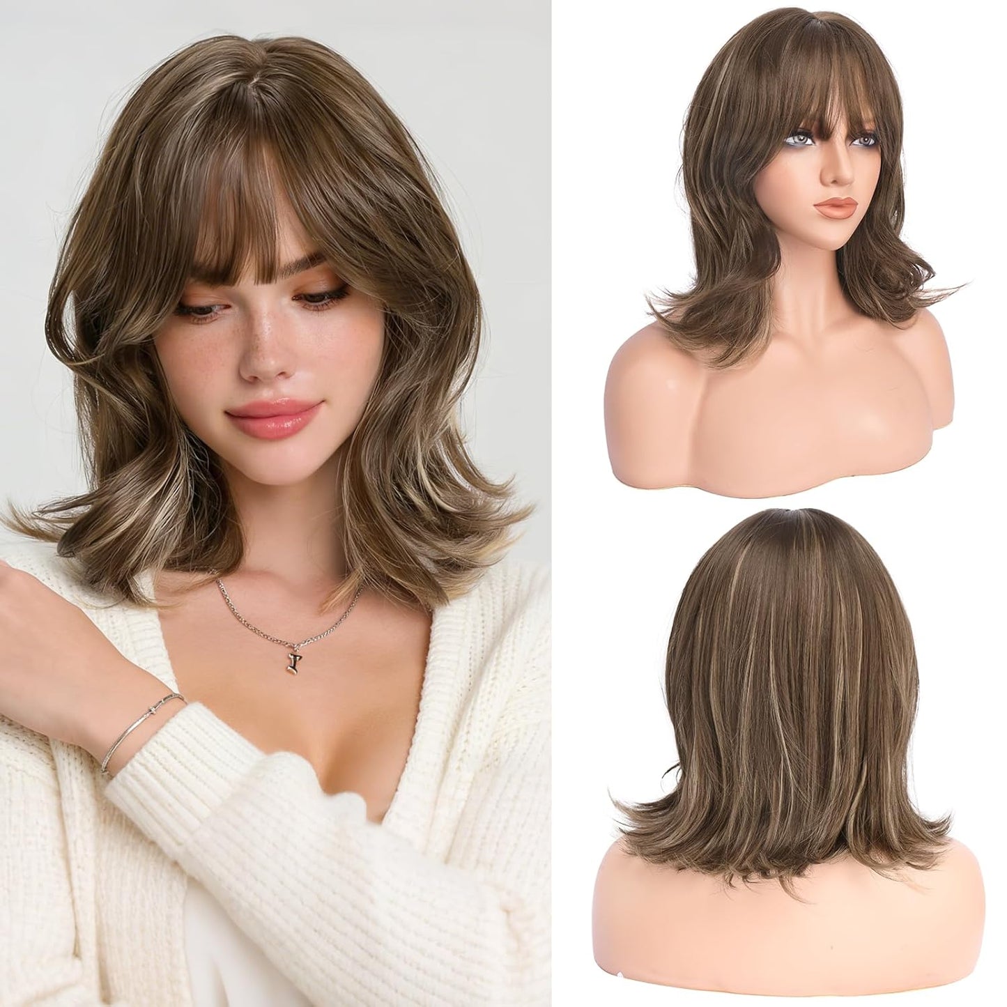 Brown Short Bob Wig with Bangs - Wavy Layered Shoulder Length | 14 Inch Synthetic Hair for Women