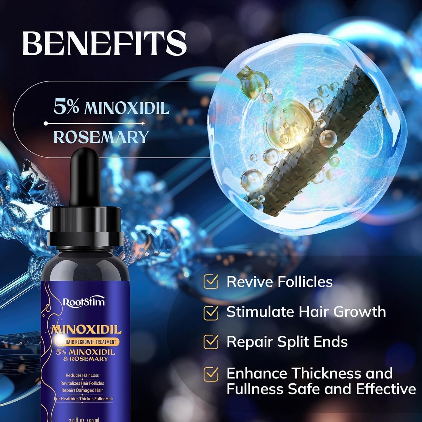 Minoxidil Hair Growth Kit for Women - Extra Strength 5% with Rosemary & Biotin | 2 Fl Oz for Thinning Hair Regrowth