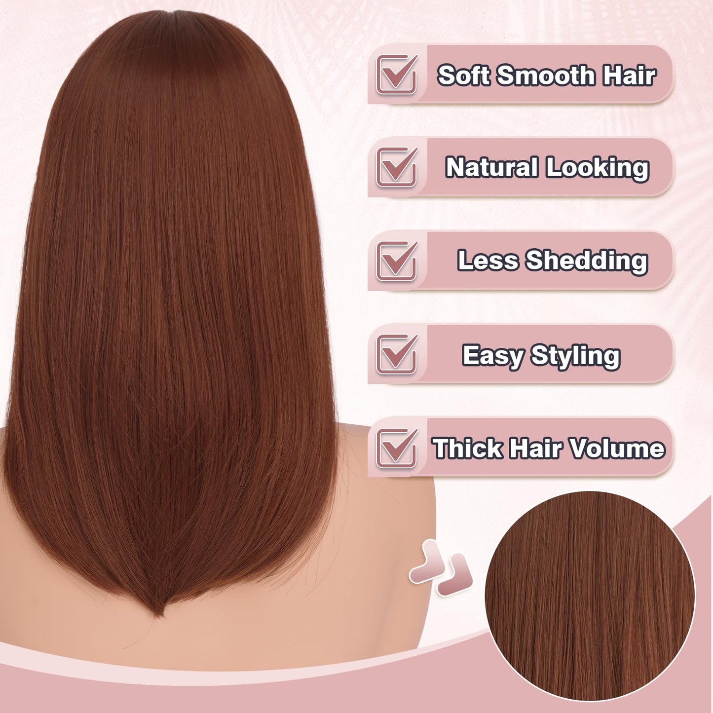 Haloo Auburn Bob Wigs with Bangs Shoulder Length Straight Natural Looking Synthetic Heat Resistant Medium Hair Wigs for Women Daily Party, 16 Inch