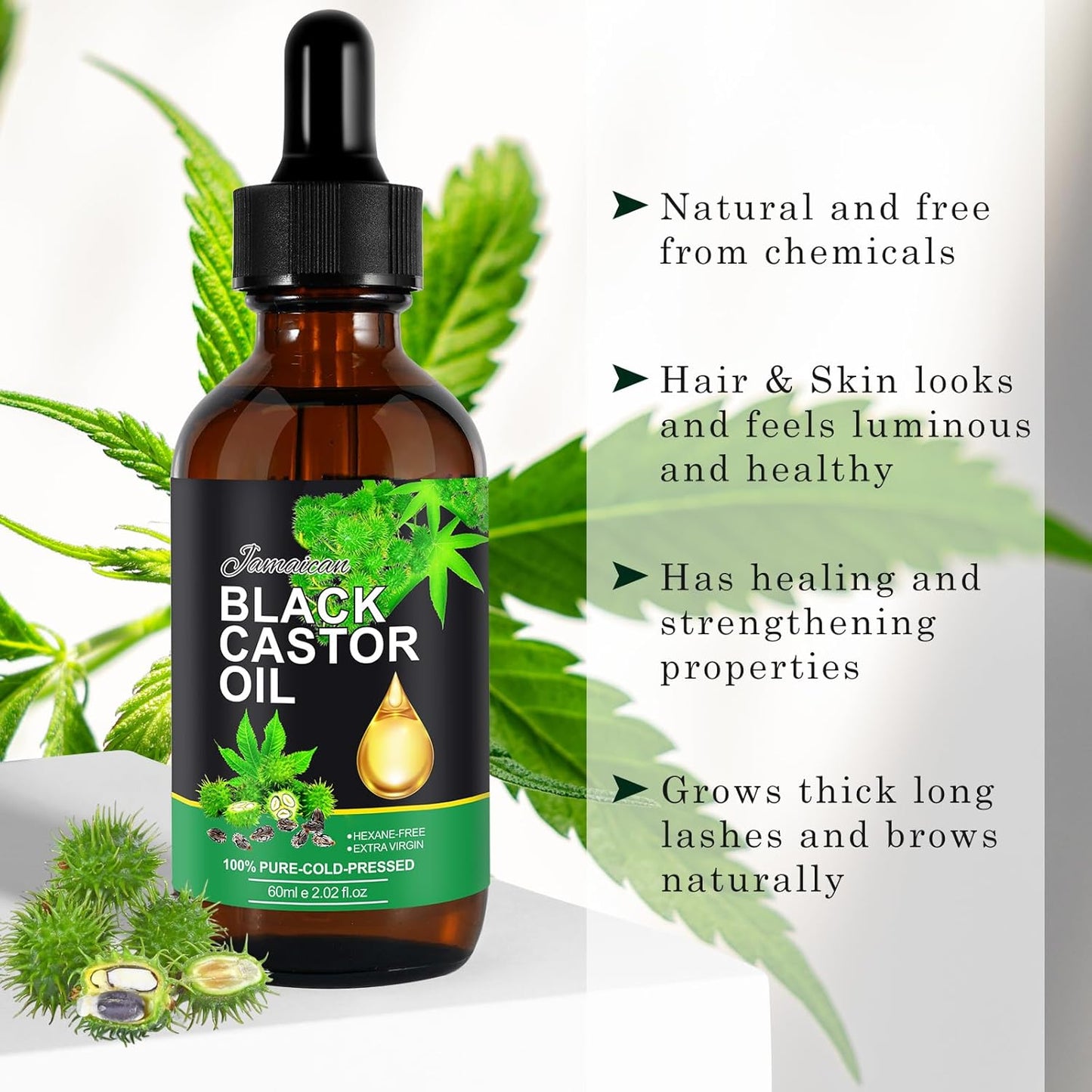 Jamaican Black Castor Oil - Organic Cold Pressed Unrefined | Hair Growth, Skin Moisturizer & Nail Care, 60ML