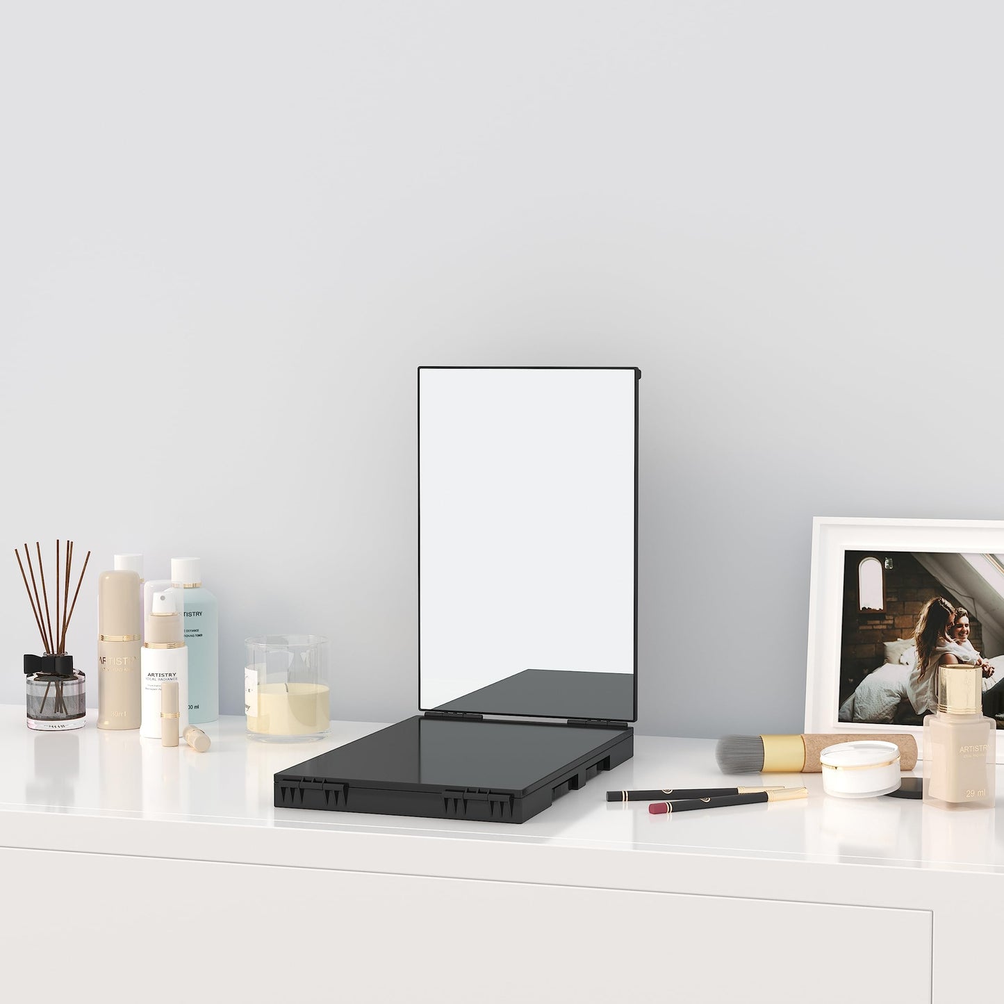 Dripex 3 Way Mirror with Led Lights for Men or Women, 360° Trifold Self Haircut Mirror with Height Adjustable Hooks, for Makeup, Styling, Shaving, Braiding, Dye Hair (Black with Led)