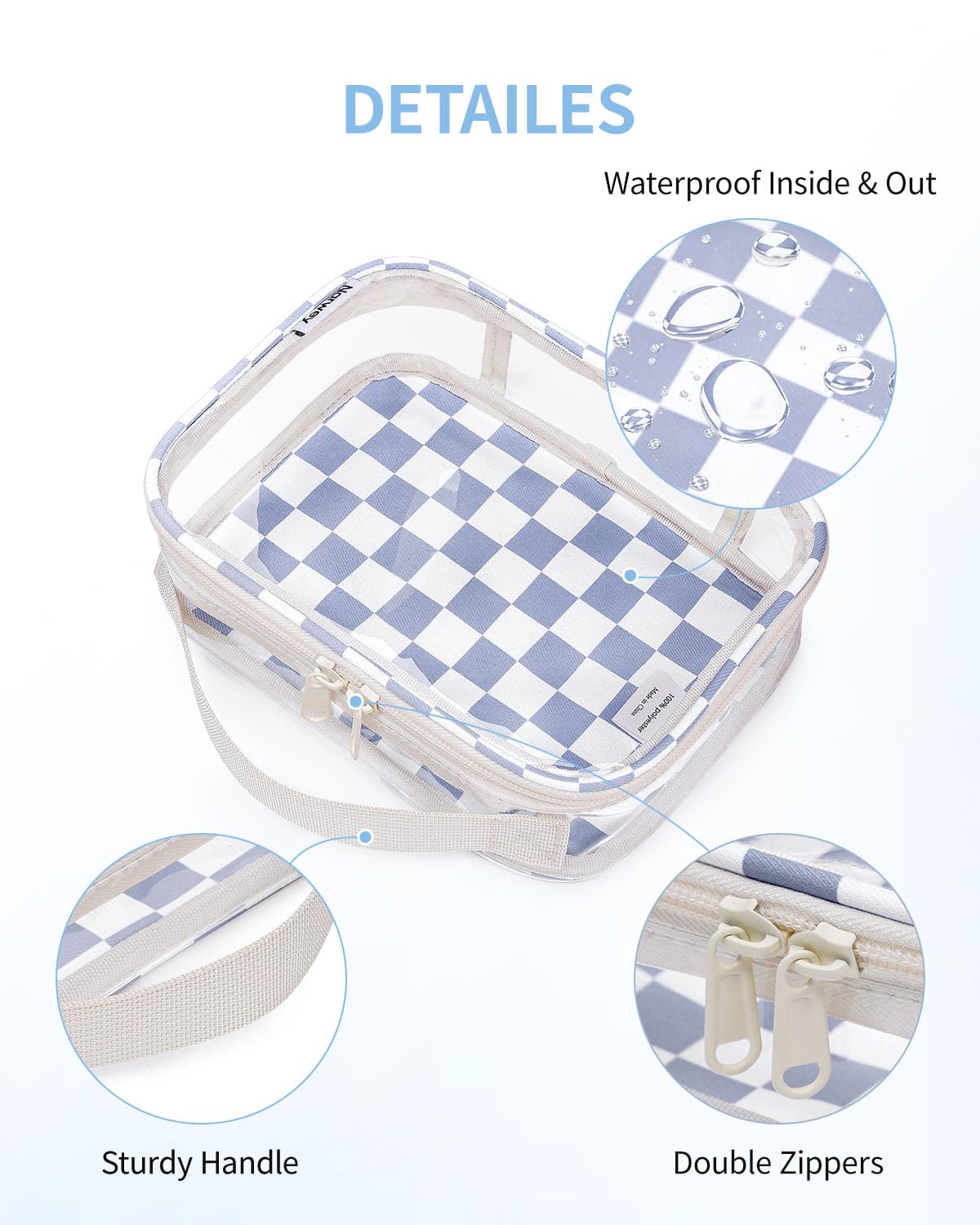 Narwey TSA Approved Clear Toiletry Bag for Travel, Waterproof PVC Clear Makeup Bags Portable Compact Cosmetic Bag Make Up Organizer Airport Airline Quart Size Compliant Bag (Grayish Blue Checkerboard)