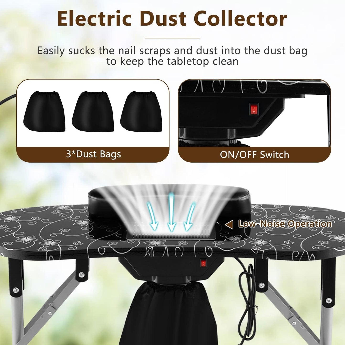 DORTALA Portable Nail Desk, Nail Table Station for Nail Techs w/Electric Dust Collector, Bendable LED Lamp, Removable Armrest Pad, Folding Manicure Table with Lockable Wheels for Home, Salon, Black