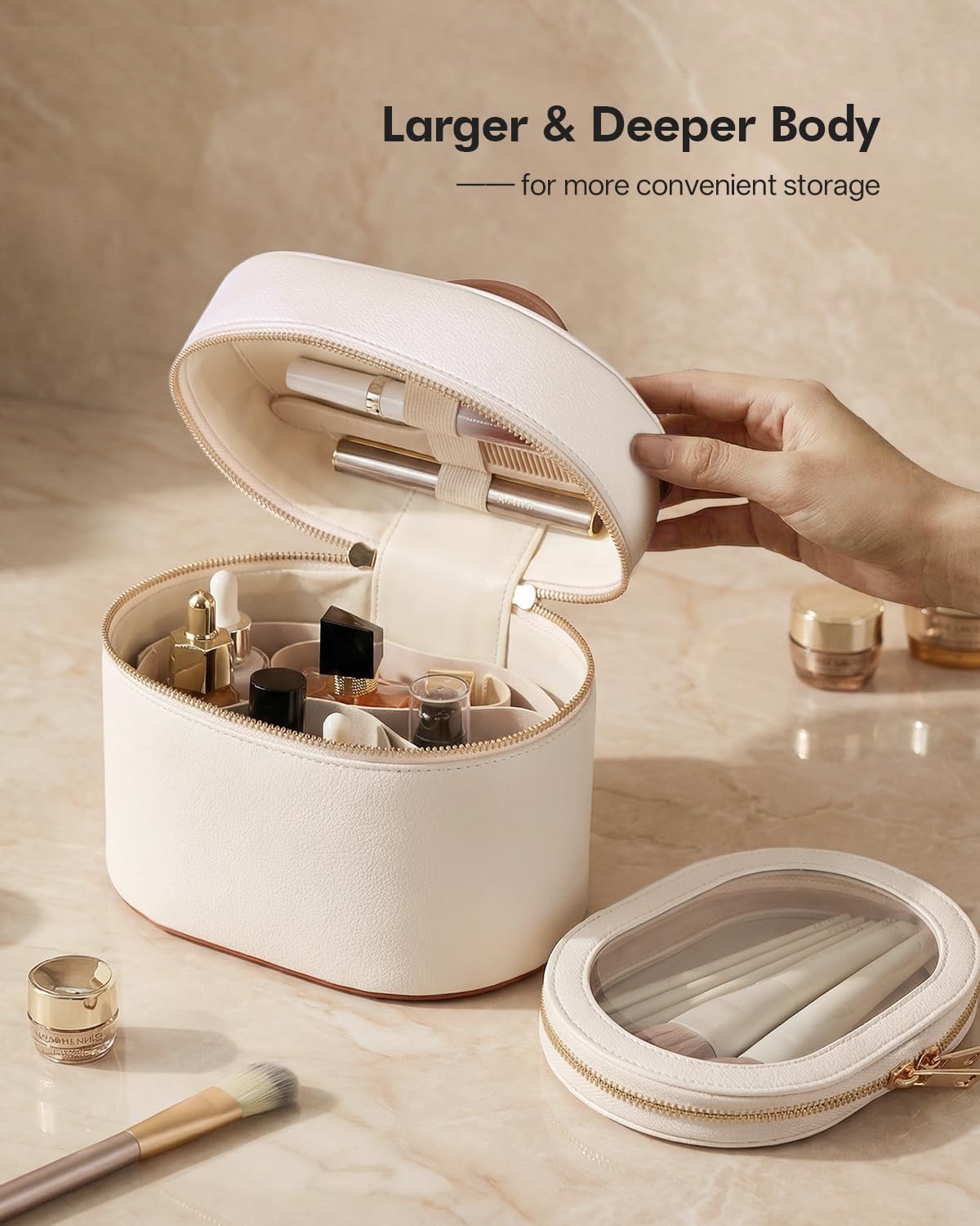 Makeup Bag Set - 2 Pcs Travel Cosmetic Case with Waterproof Clear Pouch & Removable Divider | Vegan Leather Organizer for Women