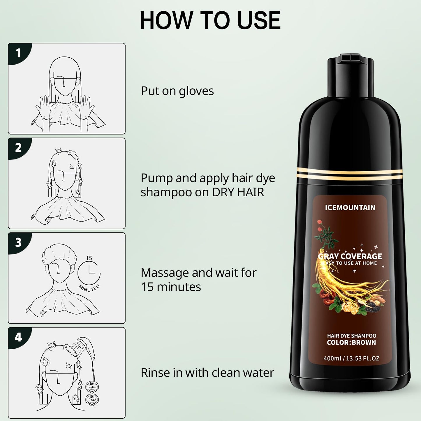 Brown Hair Dye Shampoo 3 in 1, 100% Instant Gray Hair Coverage Long-lasting Natural Herbal Ingredients Hair Color Shampoo for Women Men