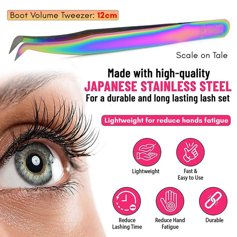 Fiber Tip Lash Tweezer for Mega Volume Eyelash Extensions – Precision Boot Tip, Professional Stainless Steel, Non Slip, Isolation Tool for Volume, Classic, and Mega Volume Fans (Rainbow)