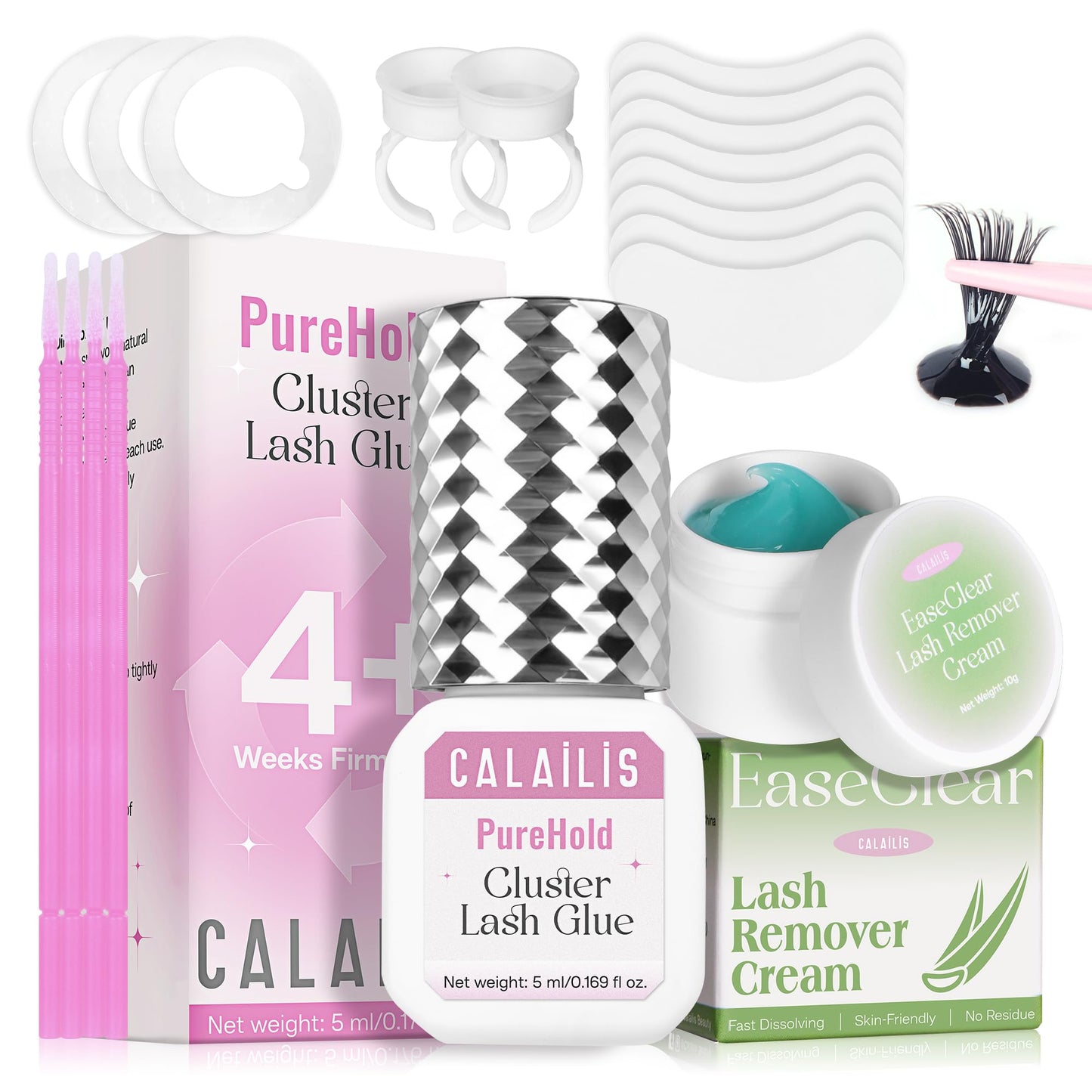 CALAILIS Lash Cluster Glue & Lash Remover Kit, Extra Strong Hold Long Lasting 4+ Weeks Cluster Eyelash Glue, Low Irritation Gentle Aloe Eyelash Remover Cream for Professional Use