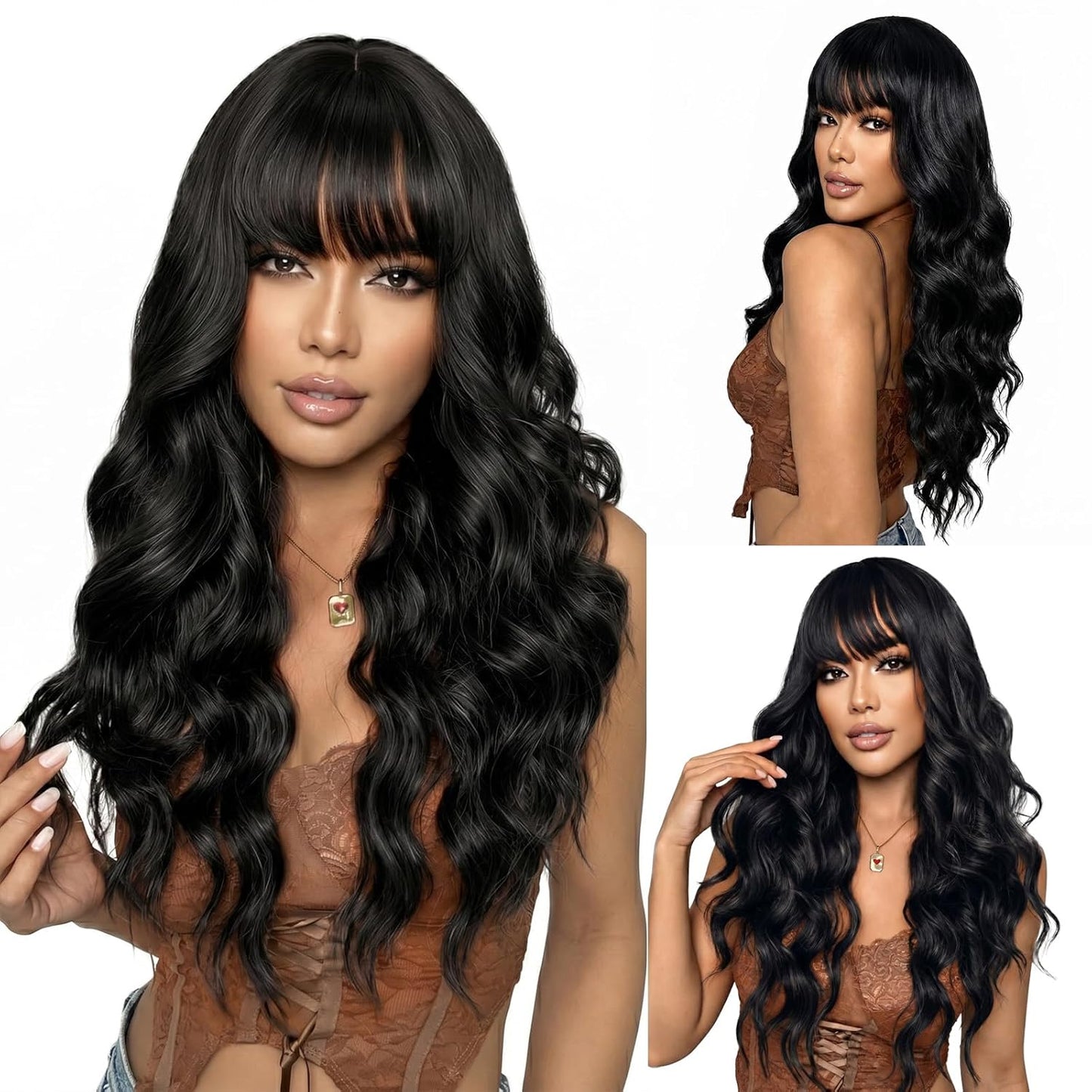 NOSTALGIA Black Wig - Long Curly Wavy Synthetic Wig with Bangs for Women | Perfect for Daily or Party Wear