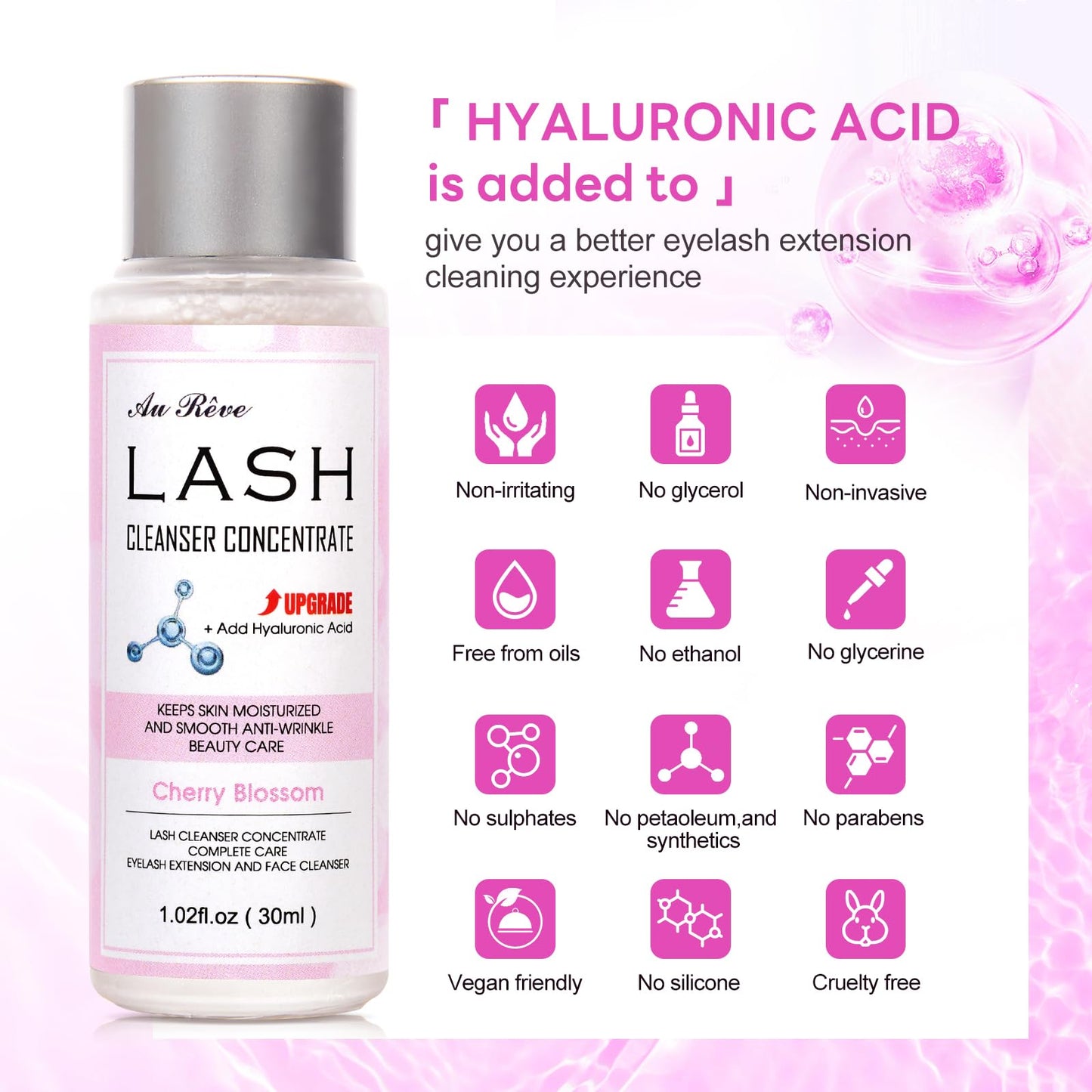 AuReve Lash Shampoo Concentrate 30ml Lash Cleanser Concentrate Add Hyaluronic Acid Oil-Free Lash Extension Shampoo Perfect for Salon，Cherry Blossom